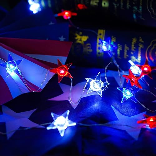 Miniatura 8 de Govetom 40 luces LED rojas, blancas y azules de 10 pies, paquete de 2 luces de Navidad rojas, blancas, azules y luces de bandera, batería para