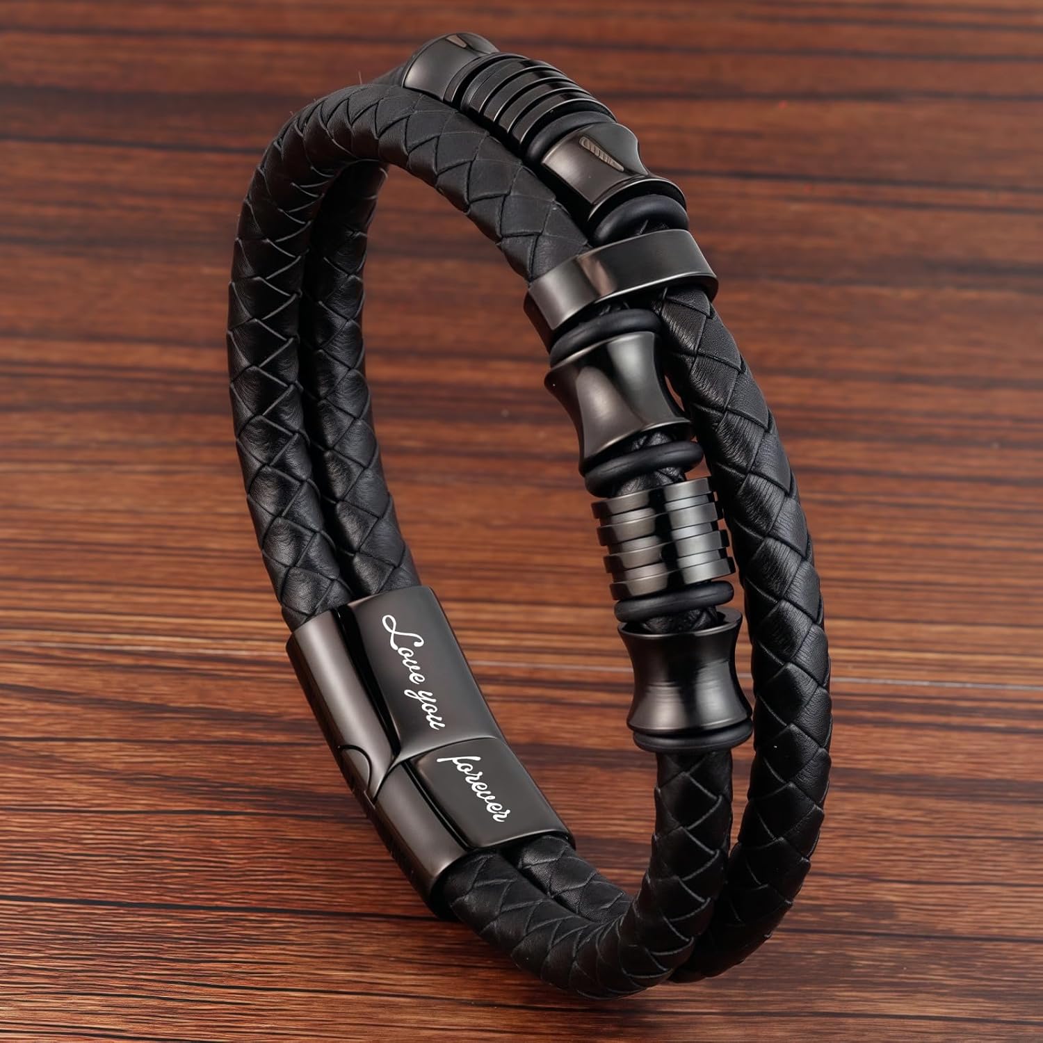 Mens Black Leather Bracelet- Stainless Steel Engraved Love You Forever Jewelry, Christmas Gifts for Men - Image 2