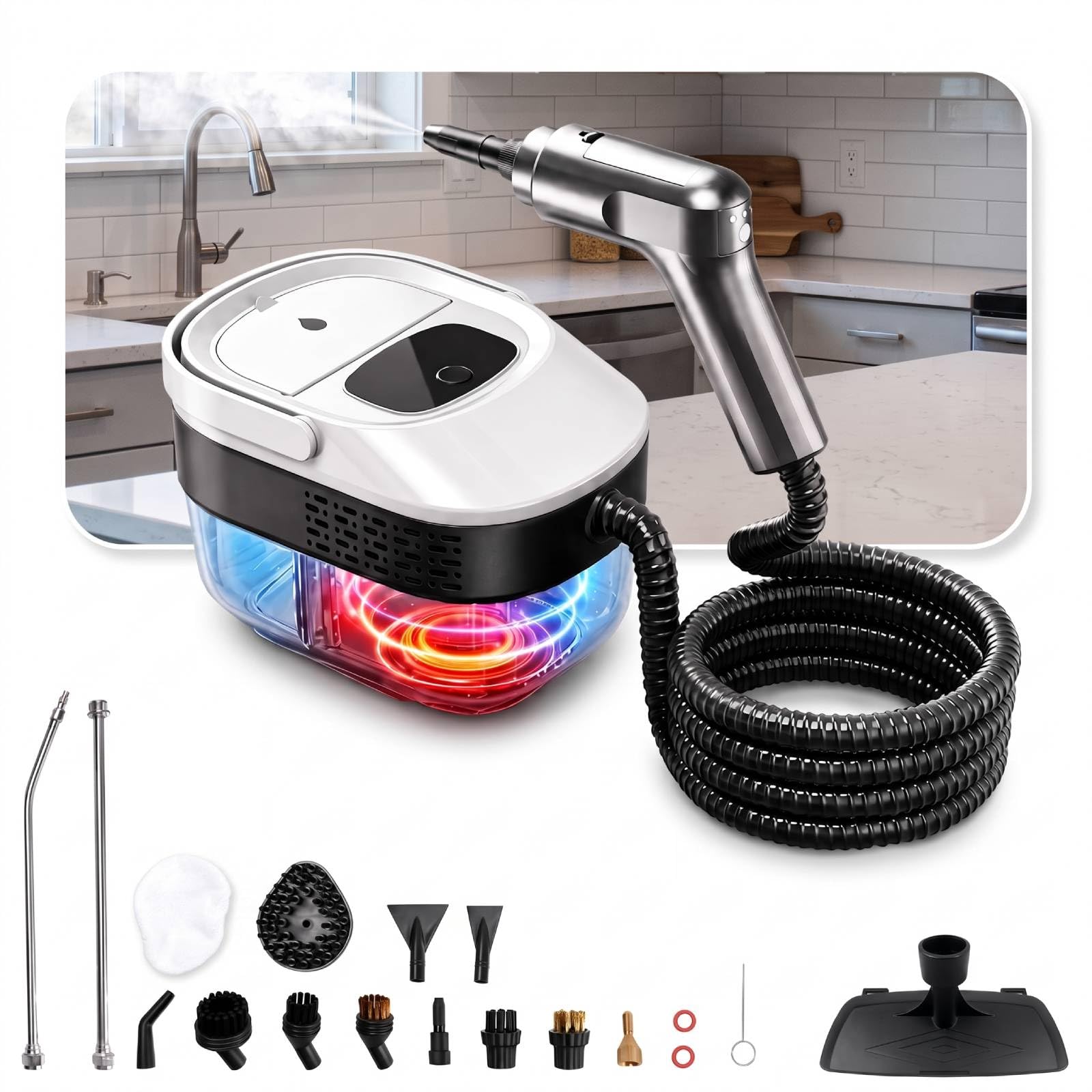 Nettoyeur Vapeur Portable 2500W avec Réservoir 1.6L, Nettoyeur Haute Pression 3 Bars 3 Niveaux Réglables avec 14 Accessoires pour Sol Cuisine Canapé Voiture Vitres