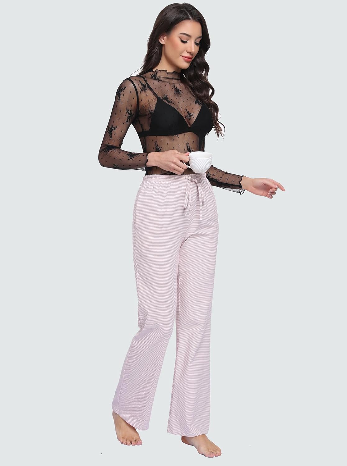 Women's Pajama Pants Wide Leg Striped Cotton women Drawstring Lounge Pj Pants with Pockets - Image 7