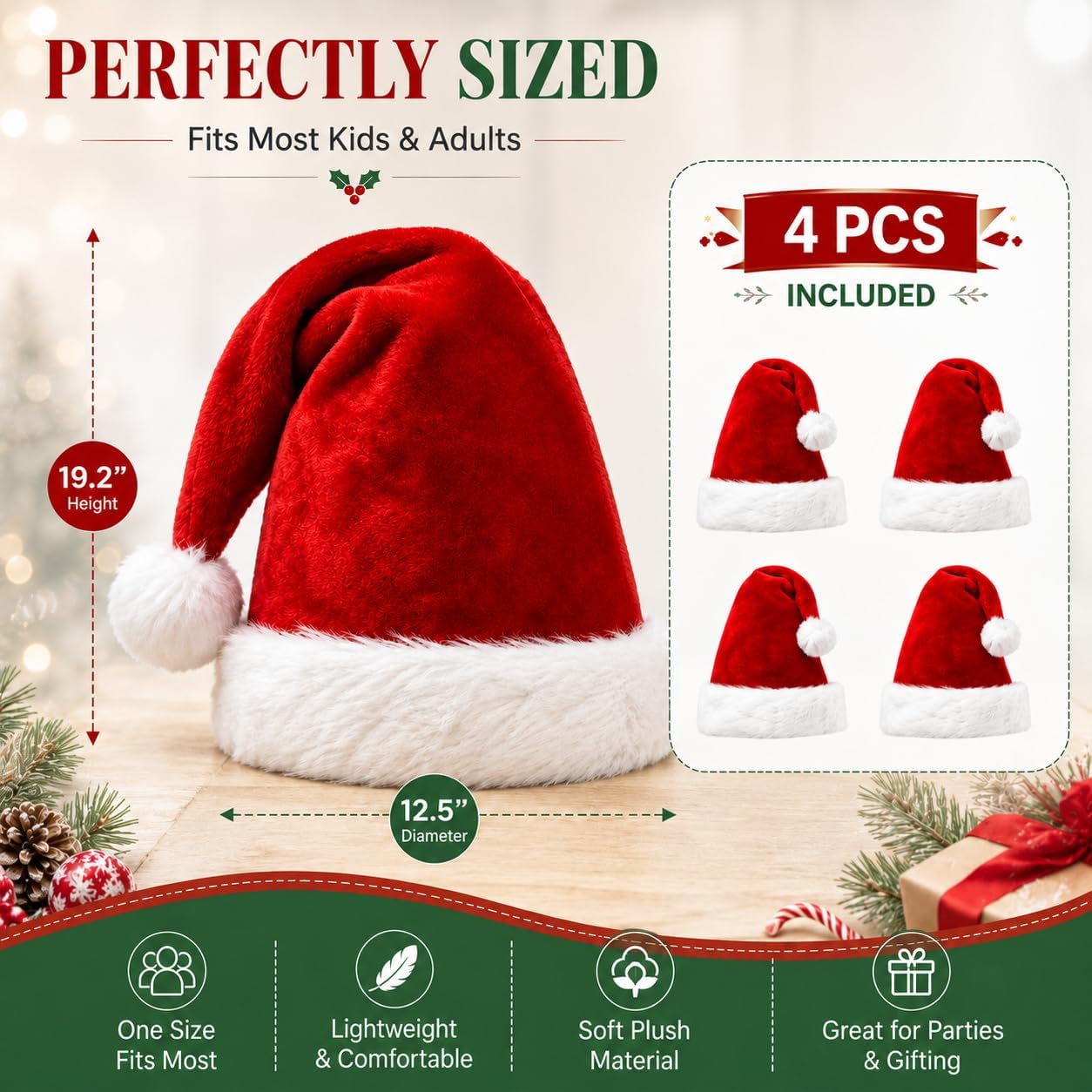 AOGU 4 Pack Plush Santa Hat Confortable Velvet Red Christmas Hat for Christmas Party Favors Fit for Adults and Kids