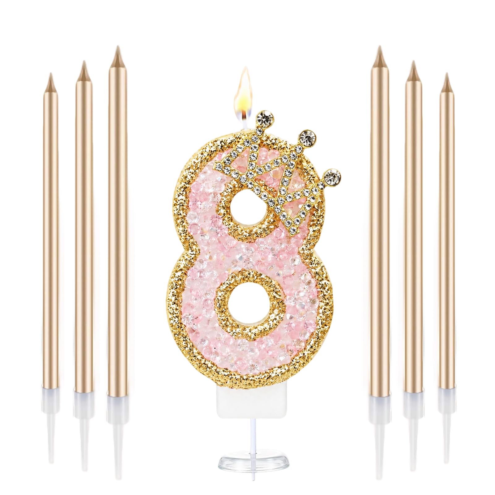 Crown Number Birthday Candles, Glitter Pink Gold Birthday Candle with 6 Pcs Long Candles, Stylish Princess Themed Cake Topper for Girls Birthday Party Supplies (8 Candle)