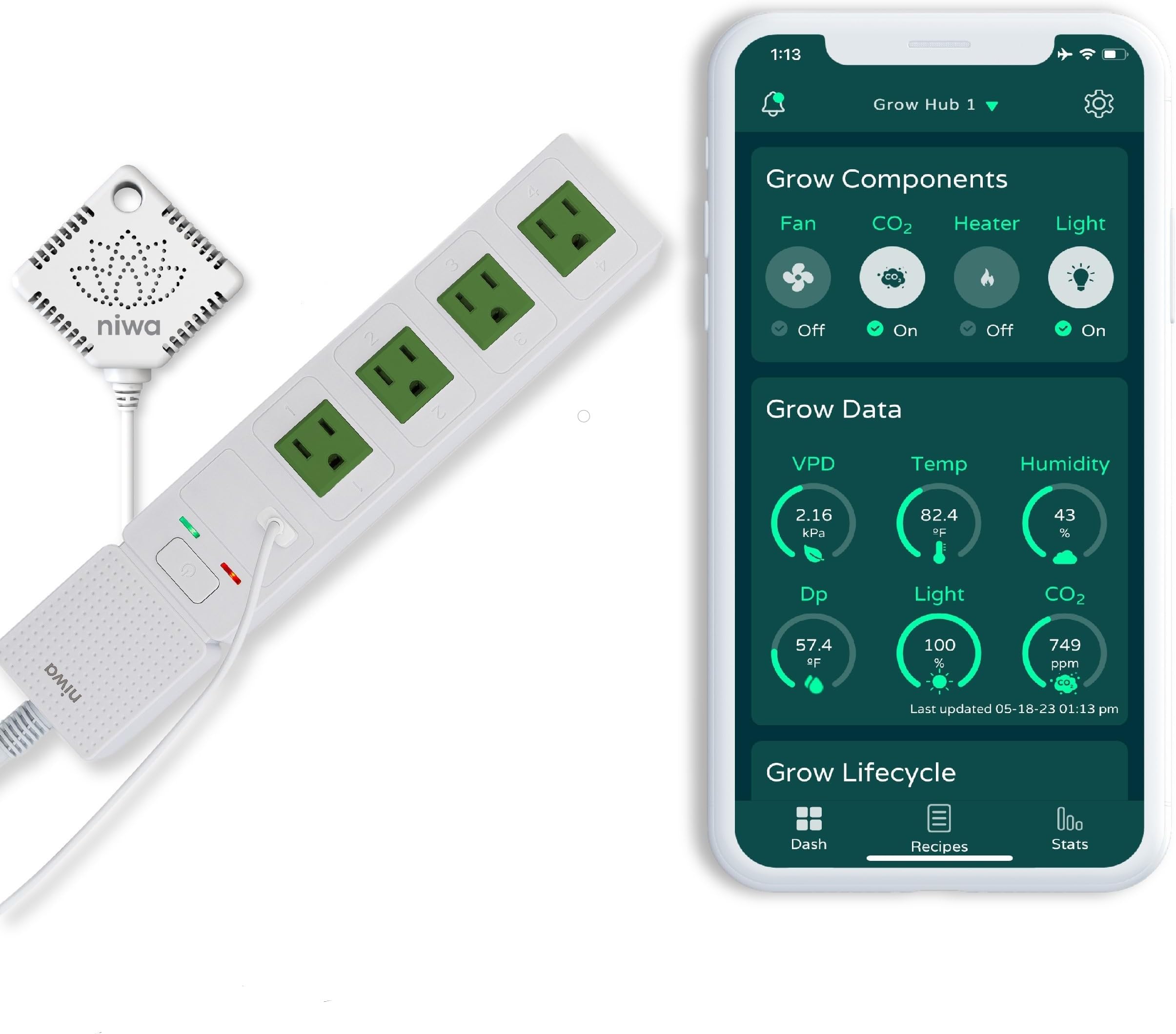 Niwa Grow Hub+ Bundle with CO2 Controller, Carbon Dioxide Controller, CO2 Meter Monitor Day and Night Relay Function, NDIR CO2 Sensor for Grow Rooms, Includes Temperature, Humidity & VPD (Green)