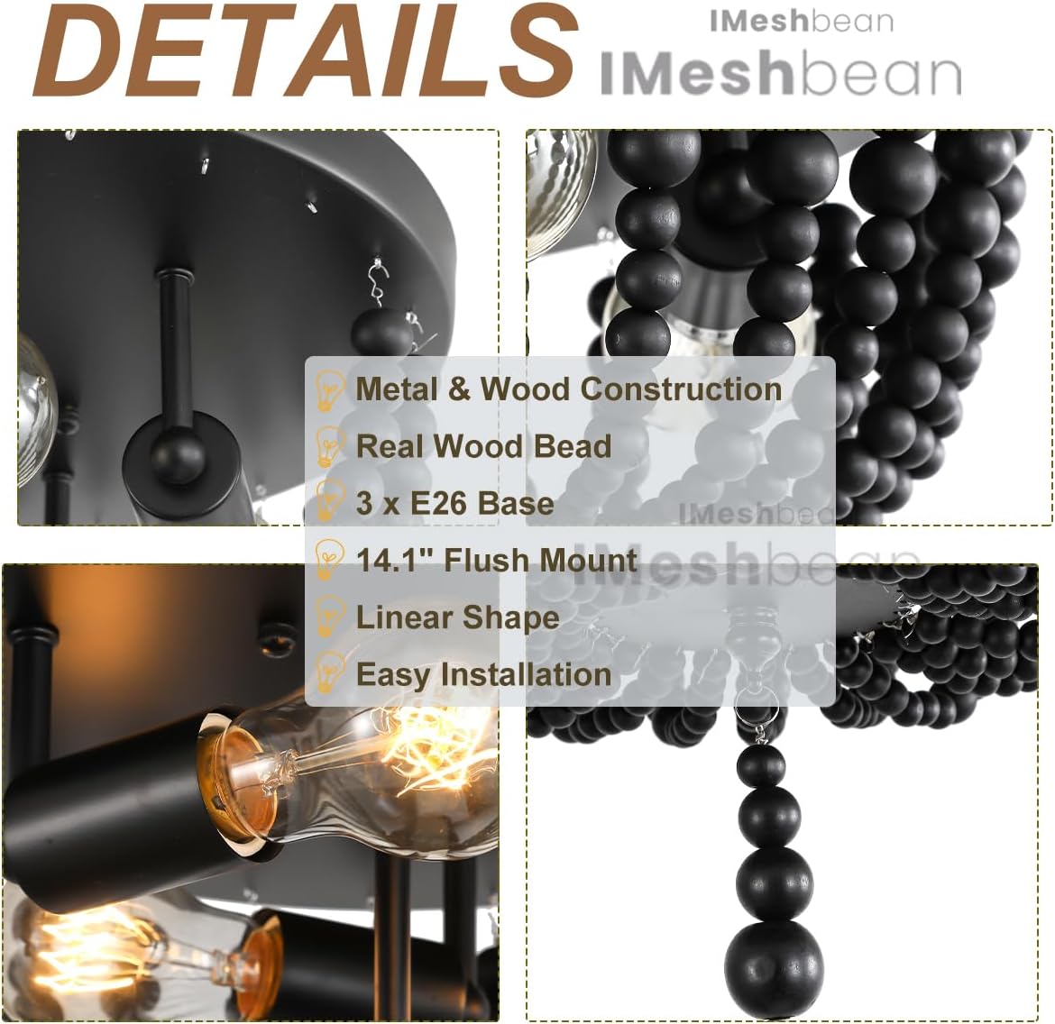 Boho Chandelier Beaded Nursery Light Fixture Wood Bead Flush Mount Ceiling Light Fixtures for Entryway Hallway Foyer Bedroom, Black Beaded Chandelier for Kitchen Island Dinning Room (14.1 inch)