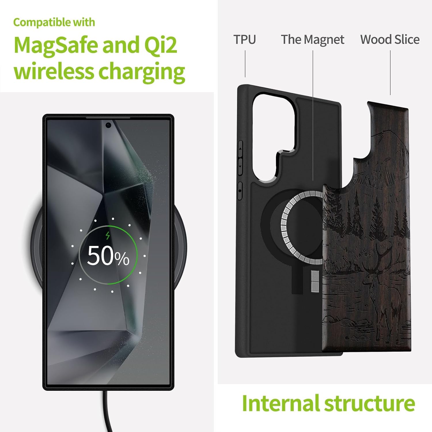 Carveit Magnetic Wooden Case for Samsung Galaxy S25 Ultra Case 2025, TPU Shockproof Cover & Wood Artisan Engraved, Compatible with MagSafe Wireless Chargers (Mountains and Deer) Blackwood