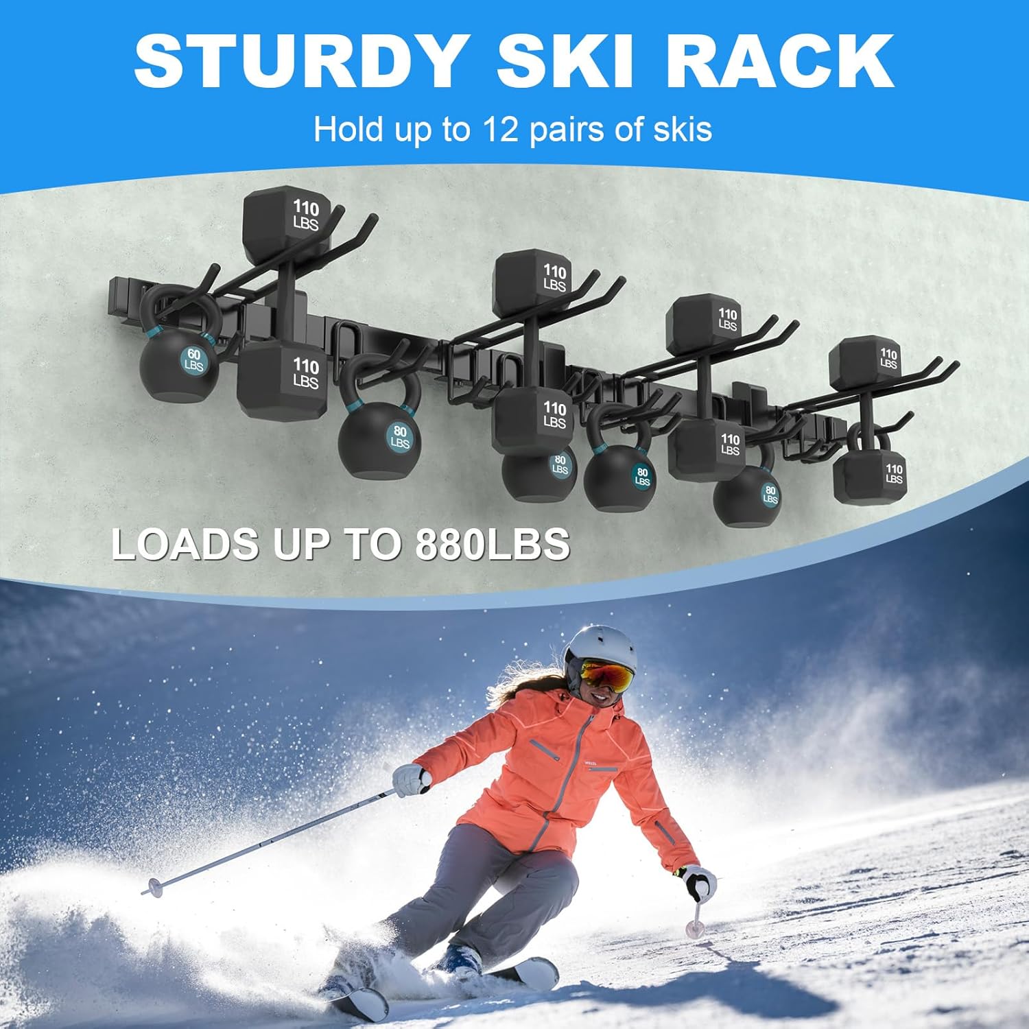 48'' Ski Rack Wall Mount,12 Pairs Ski Holders for Wall with Movable Rubber-Coated Hooks for Garage Storage Organizer System, Snowboard Wall Mount for Garage and Home Shed, Holds Up to 880lbs
