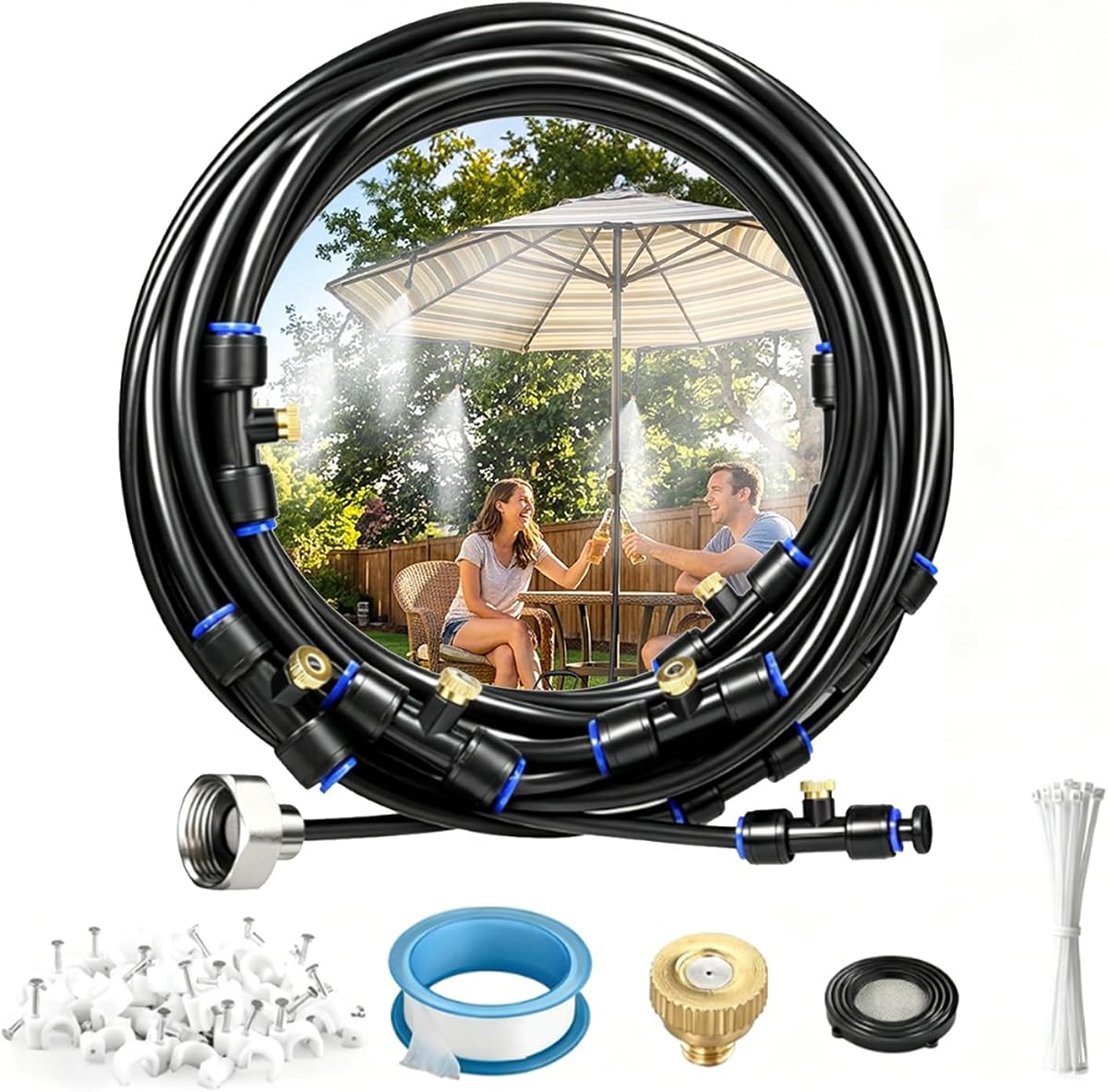 30FT(9M) Misters for Outside Patio | 8 Brass Nozzles and 3/4" Brass Adapter, misting cooling system for Backyard, Garden Greenhouse, Trampoline Sprinkler