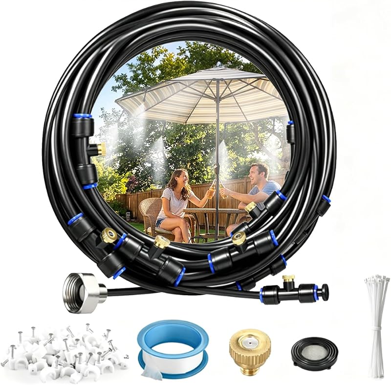 30FT(9M) Misters for Outside Patio | 8 Brass Nozzles and 3/4" Brass Adapter, misting cooling system for Backyard, Garden Greenhouse, Trampoline Sprinkler