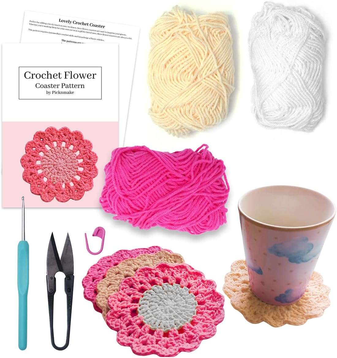picknMAKE 6 Pcs Floral Crochet Lace Bloom DIY Coaster Kit, Crochet Kit for Beginners, Crochet Yarn Full Kit, Multicolor Decorative Crochet Flower Tea Coasters Craft Kit with All Material Included
