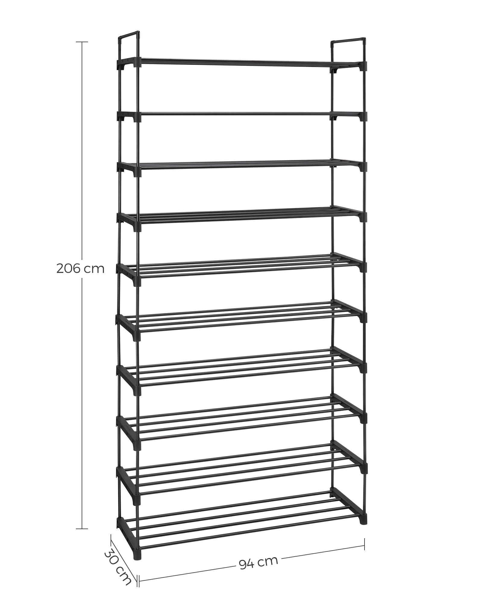 SONGMICS Étagère à Chaussures 10 Niveaux, Porte-Chaussures Haut, Support à Chaussures Fin, Rangement Chaussures, en Métal, Gain de Place, Dressing, Entrée, 30 x 94 x 206 cm, Noir LSA10BK