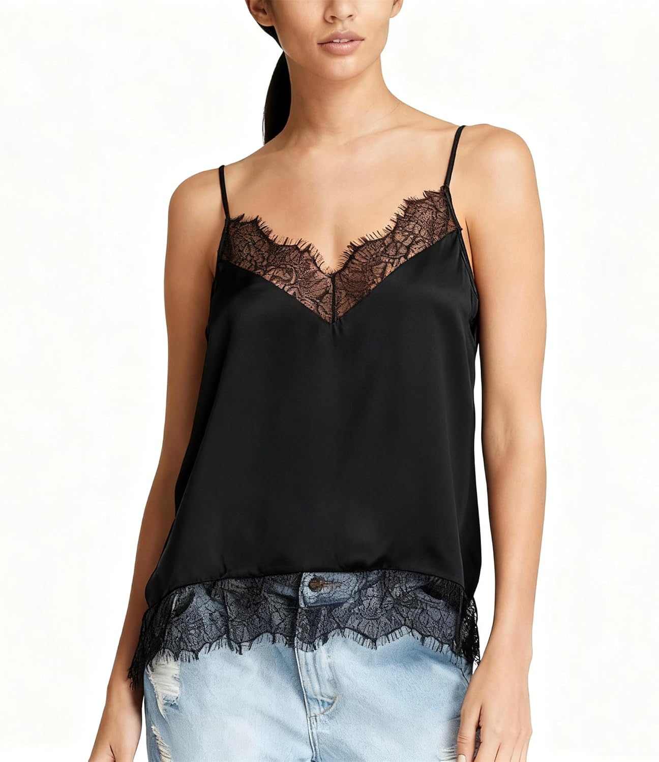 Lace Trim Satin Cami Tops for Women Spaghetti Strap Sexy V Neck Silk Camisole Going Out Party Shirts - Image 4