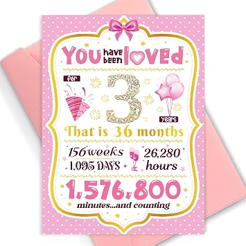 3rd Birthday Card TSVATE 3 year Old Girl Birthday Gifts, Sweet 3 year Old Birthday Card, Birthday Gifts for 3 year Old Girls Daughter Niece Granddaughter Sister, 3rd Birthday Decorations for Girl Pink