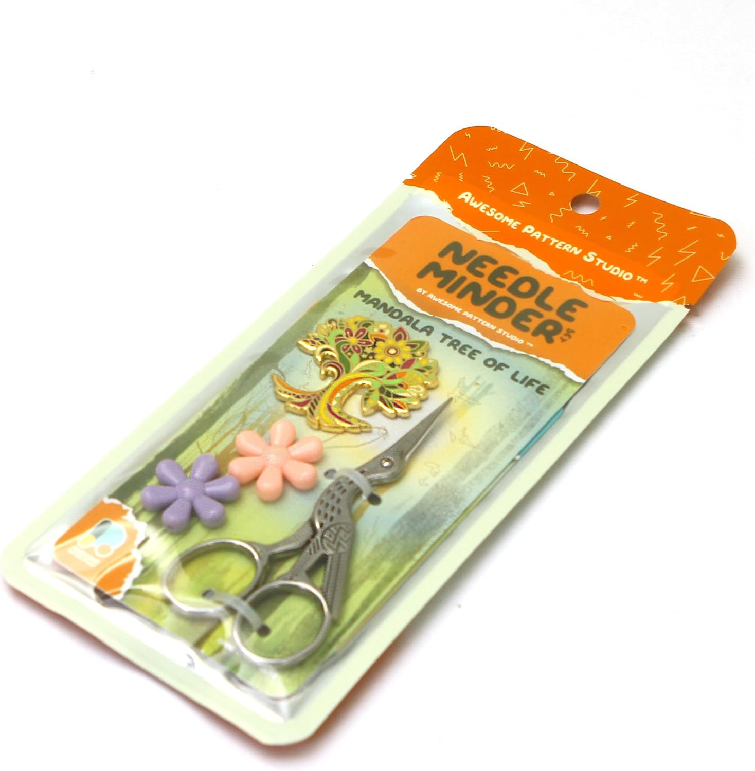 Awesome Pattern Studio Needle Minder Set - Mandala Tree of Life Magnetic Needle Minder + 2 Needle Threaders + Crane Scissors. Enamel Pin for Cross Stitch, Embroidery and Craft