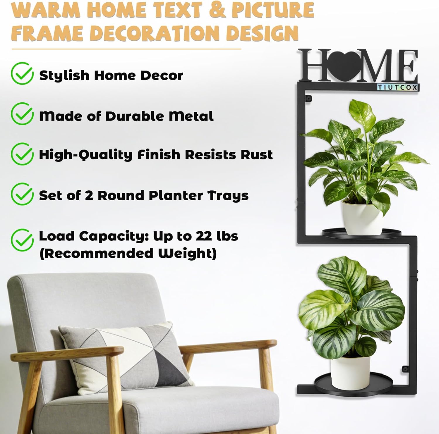 Wall Plant Holder Metal, Plant Frames Wall Decor, Wall Plant Stands for Indoor&Outdoor with Letters HOME Decor, 2 Round Flower Pot Trays, 12*7.87*34.33 Inch, Black