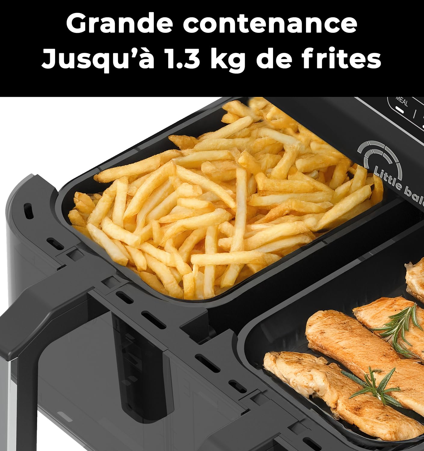 LITTLE BALANCE 8765 Crousty Light Duo, Frytkownica bezolejowa, Air Fryer, 2 szuflady, nieprzywierająca, bez PFAS, 8 predefiniowanych programów, 7,6 litra dla 6 osób, 2460 W, czarna