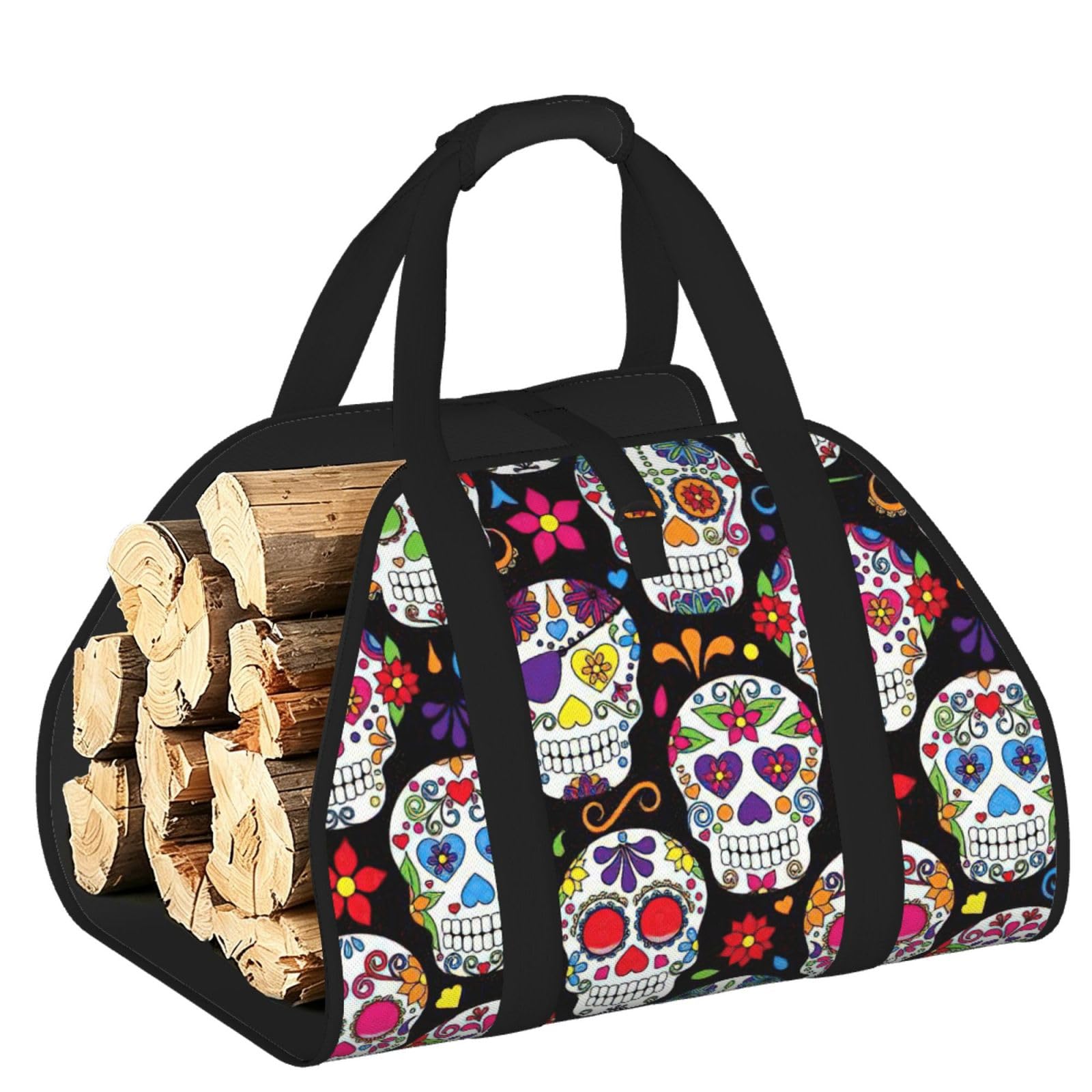 Sugar Skulls Print Firewood Bag Wood Carrier Transport Sack Camping Picnic Storage Daily Home