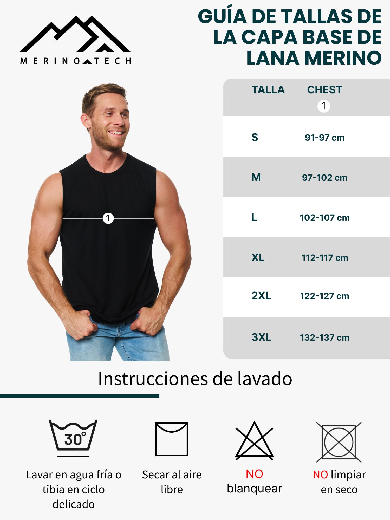 Merino.tech Camiseta Sin Mangas Merino Activa - 100% Lana Merino | Absorbe la humedad, altamente transpirable, de secado rápido, suave y ligera