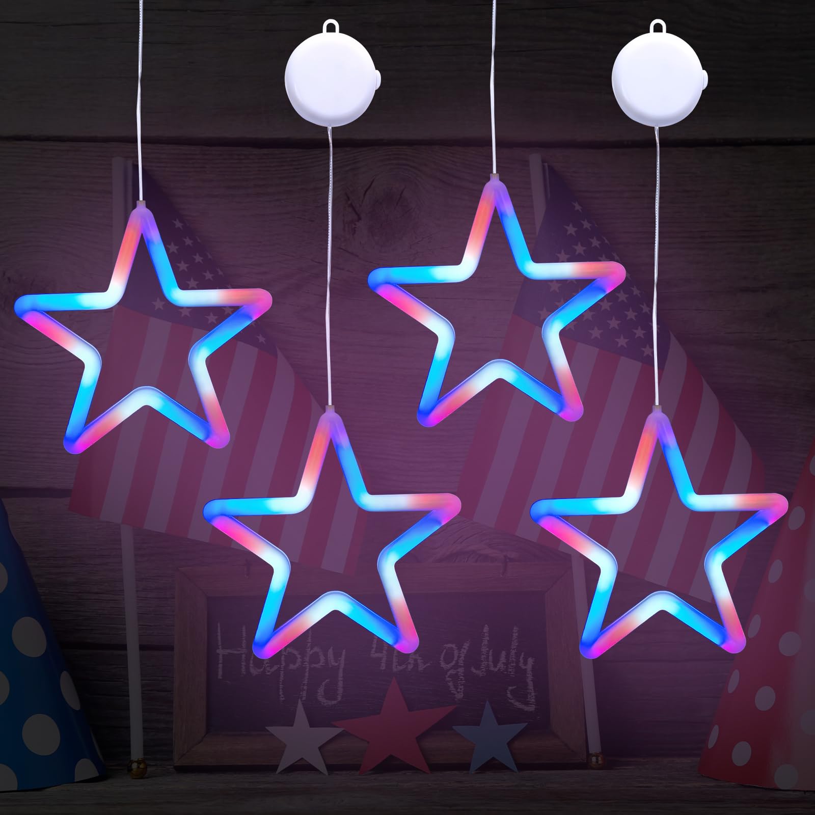 KATOOM 4Pcs 4th of July Window Lights Decorations Independence Day Star Lights with Hooks Red White Blue Lights for Memorial Day Patriotic Indoor Outdoor Window Decoration