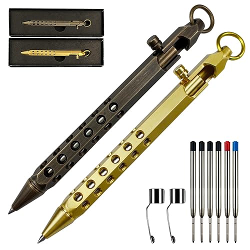 YUEZUDPO 10 Pieces Bolt Action Pen Set Include 2 Six Edge Solid Brass Pen and 6 Pen Refills 2 Pen Clip Metal Pen EDC Pen Pocket Tactical Pen Signature Pen for Business, Christmas, Birthday - Black,Gold