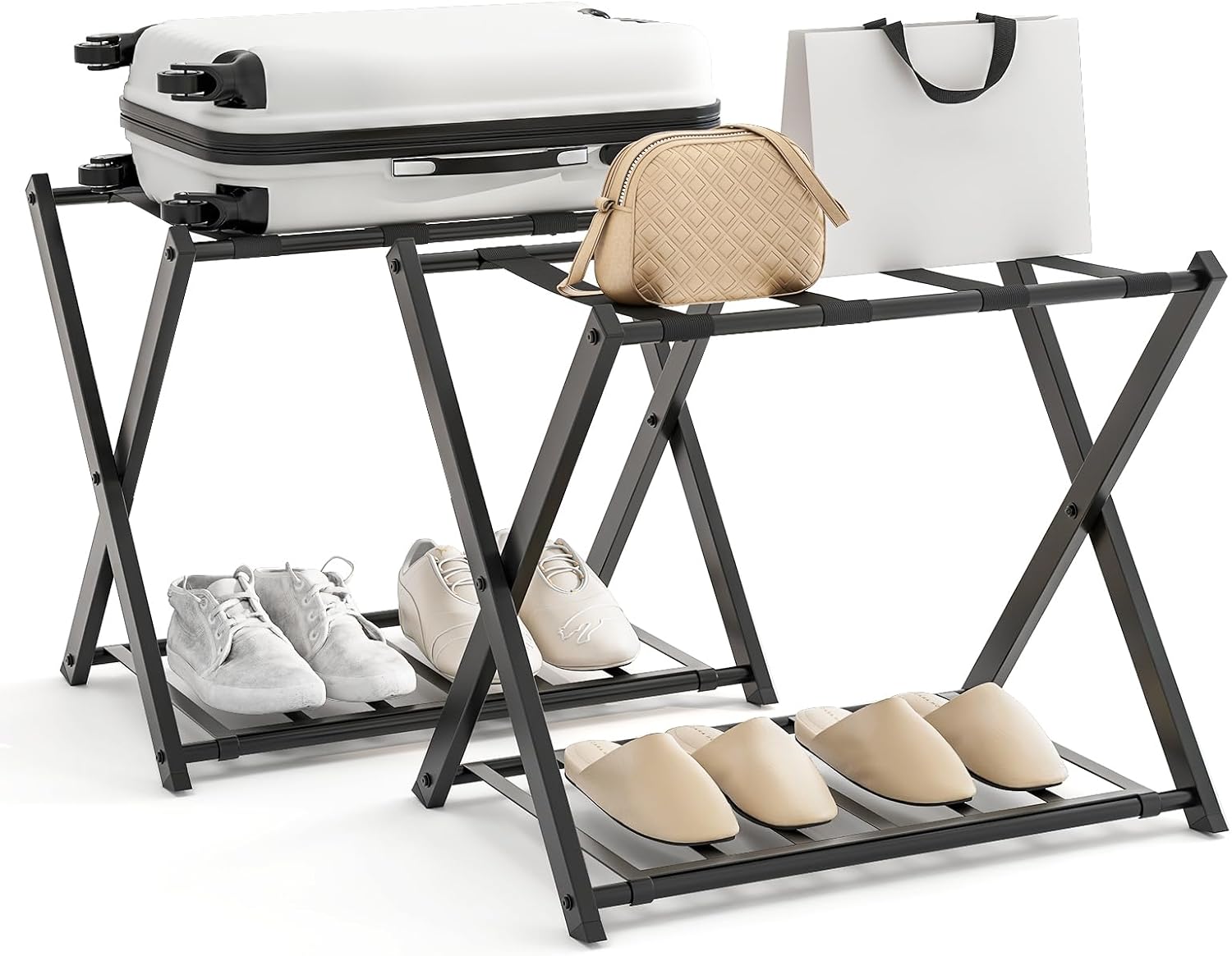 Tangkula Folding Luggage Rack Set of 2, Foldable Suitcase Stand with Storage Shelf, Strong Nylon Straps, Heavy-duty Metal Luggage Holder for Guest Room, Hotel, Bedroom (Black, 2 Pack)