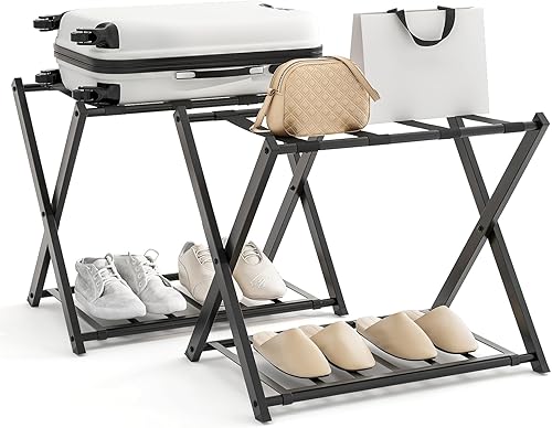 Tangkula Paquete de 2 portaequipajes plegable de 2 niveles, con correas duraderas, funda protectora, soporte grande para equipaje para habitación de