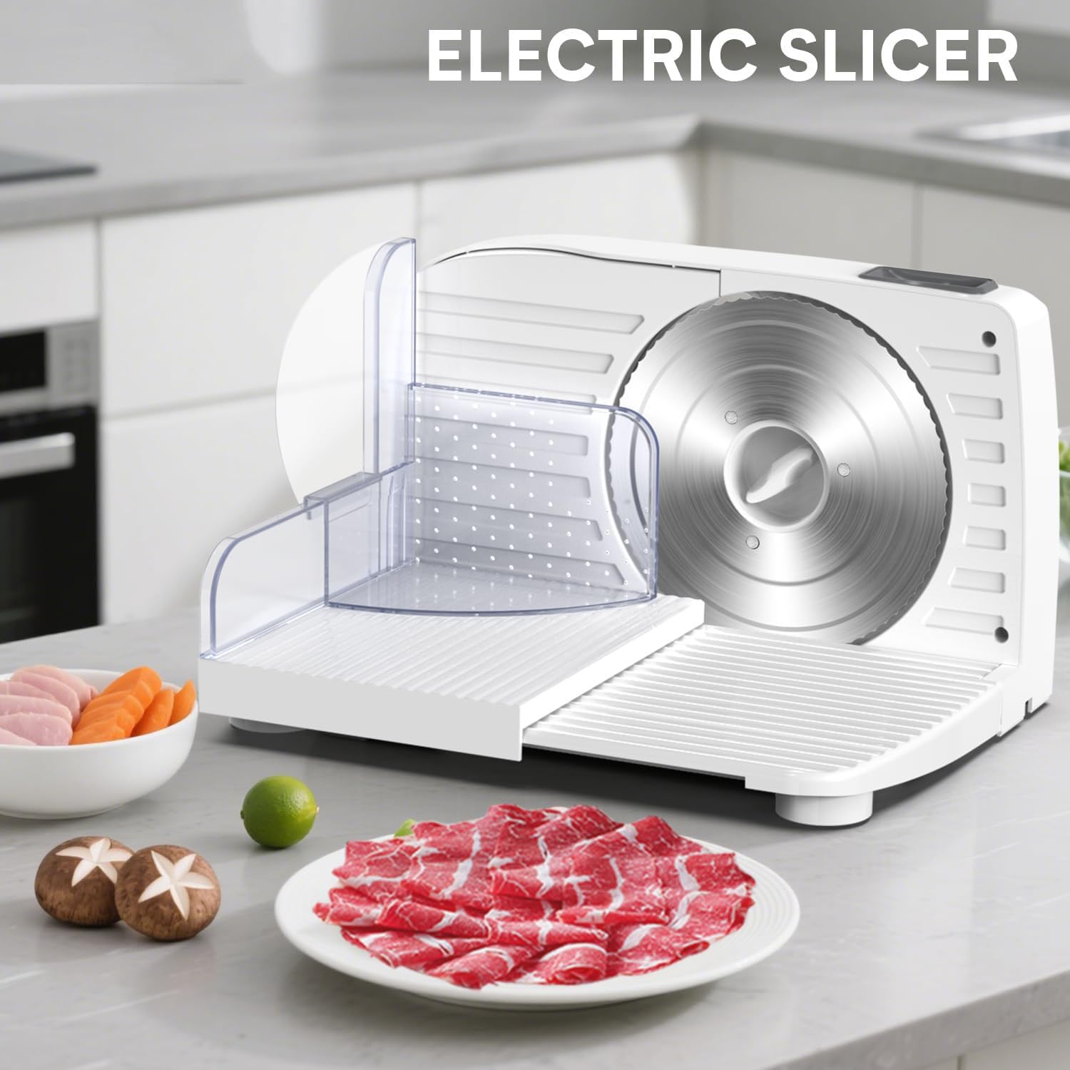 TYH Cortadora De Carne, Cortadora Eléctrica De 250 W para Fiambres, con Motor De CC Silencioso, 2 Cuchillas Extraíbles De Acero Inoxidable De 19 Cm (7,5"), Grosor Ajustable De 1 a 15 Mm