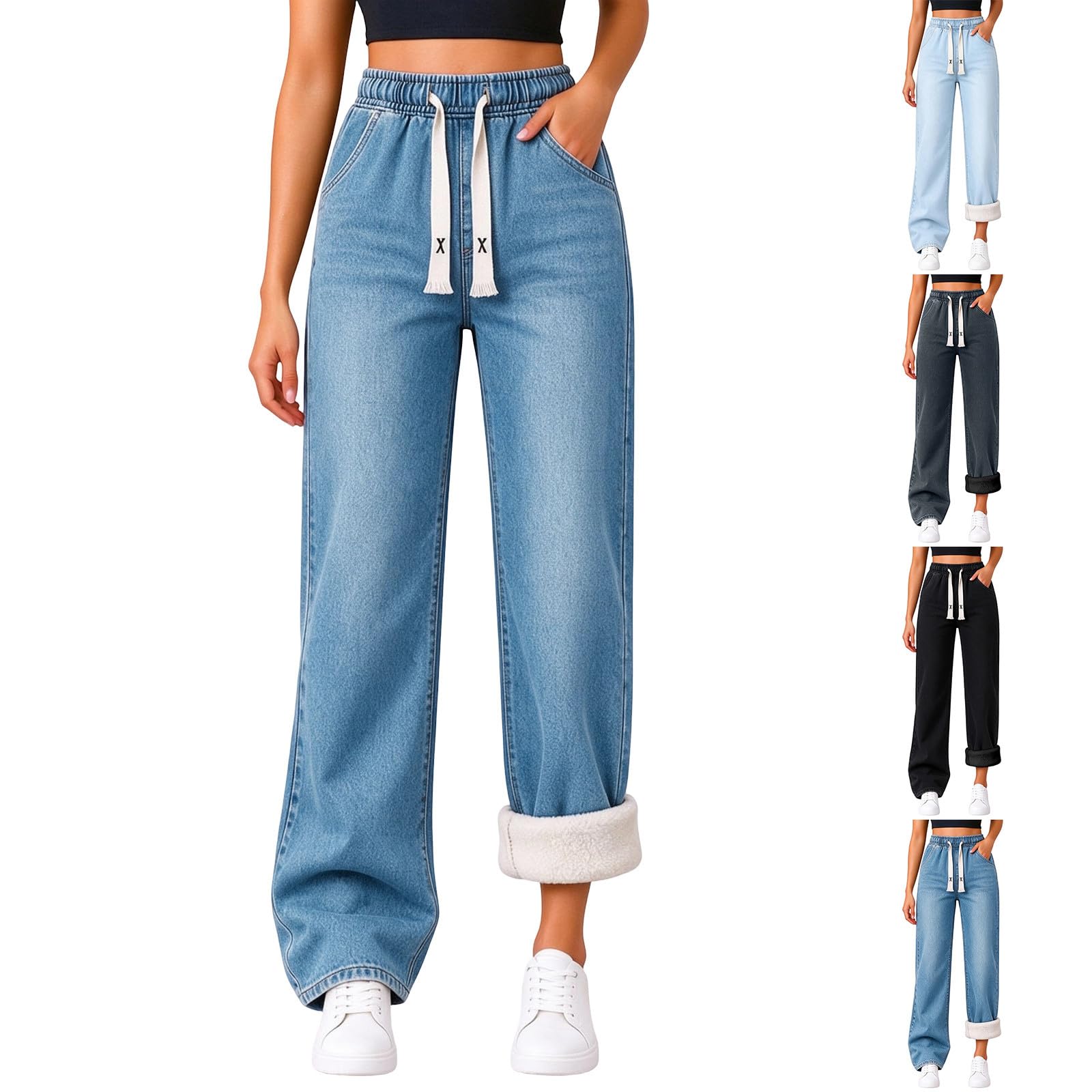 Women Fleece Lined Wide Leg Jeans Elastic High Waist Drawstring Denim Pants