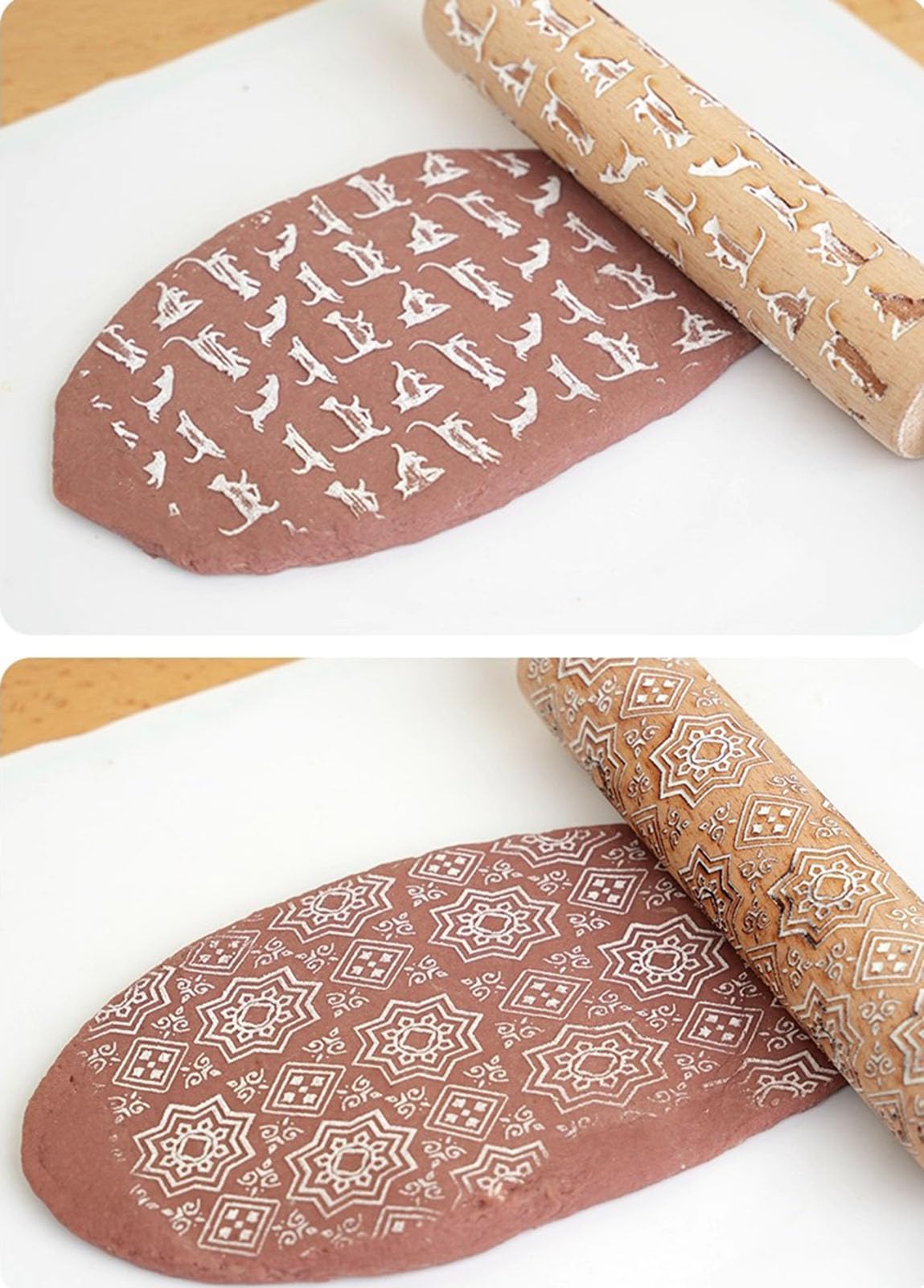 Rouleau à pâtisserie en Bois Montessori imprimé, Accessoires de pâtisserie DIY pour Biscuits avec Motif 3D (5 pièces)