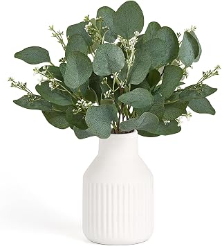 Dahey Artificial Eucalyptus Stems in Ceramic Vase Centerpiece Table Decorations Modern Farmhouse Decor Fake Eucalyptus Plants with Vase for Bathroom Kitchen Shelf Living Room Home Decor, White