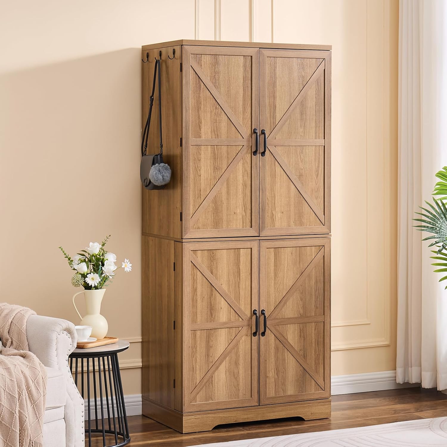 Armoire Wardrobe Closet, 72" Tall Storage Cabinet with Hanging Rod, Shelves and Drawer, Freestanding Wardrobe Cabinet with Side Door Storage for Bedroom, Farmhouse Wood Clothing Cabinet, Natural Oak