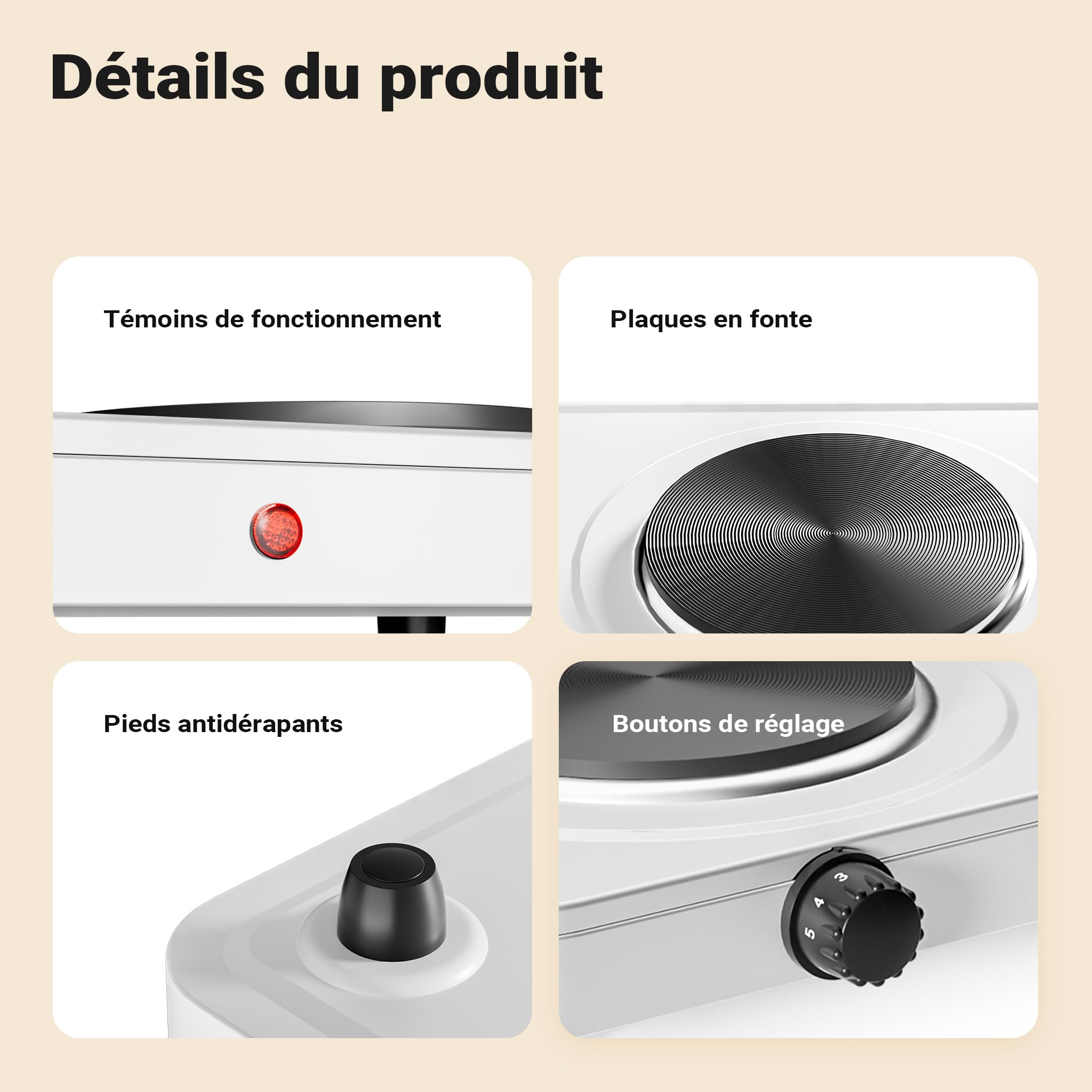 Wiltec Double plaque chauffante 2000 W, 460 x 240 x 55 mm, Ø 15,5 cm/plaque, plaque de cuisson camping, cuisinière électrique, réchaud