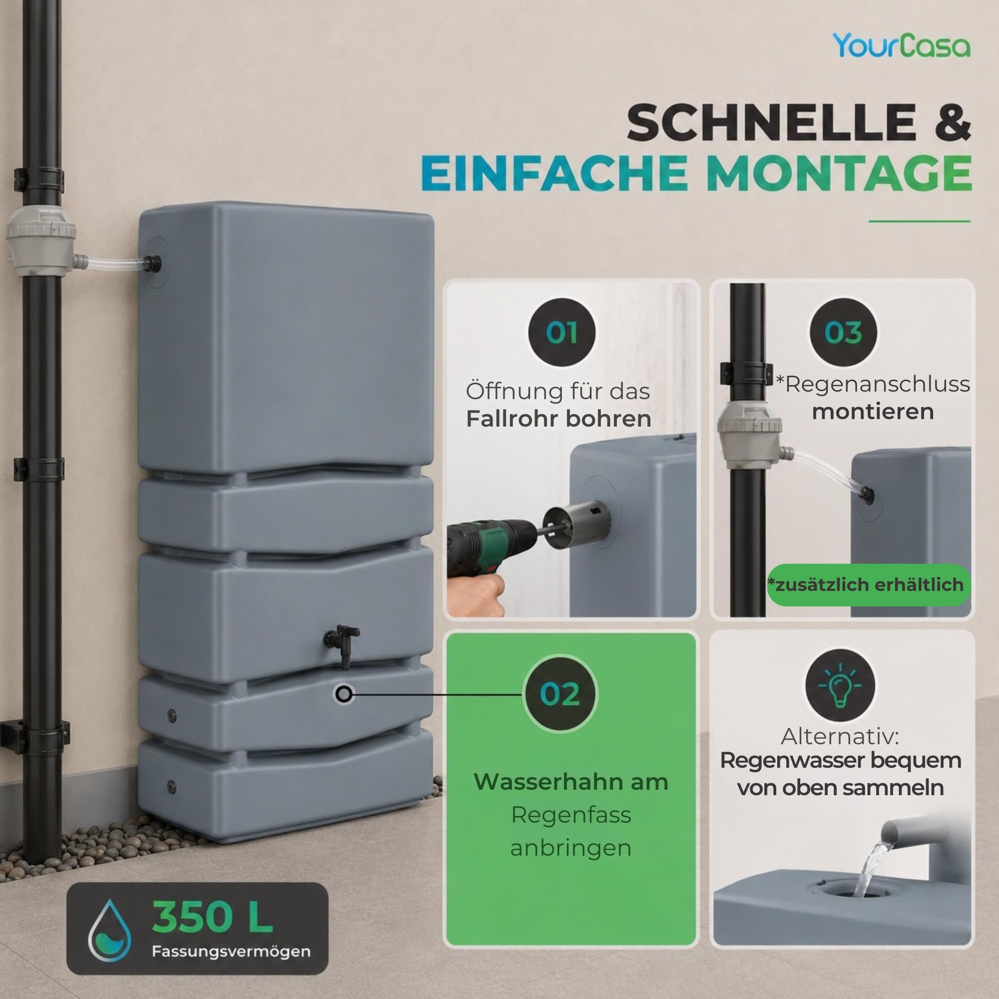 YourCasa Regentonne Eckig 350 Liter [Aqua Silo] XXL Regenfass mit Öffnung und Deckel - platzsparende Form - Frostsicher aus Kunststoff - Regenwassertonne - Regenwassertank Garten Schmal (Anthrazit)