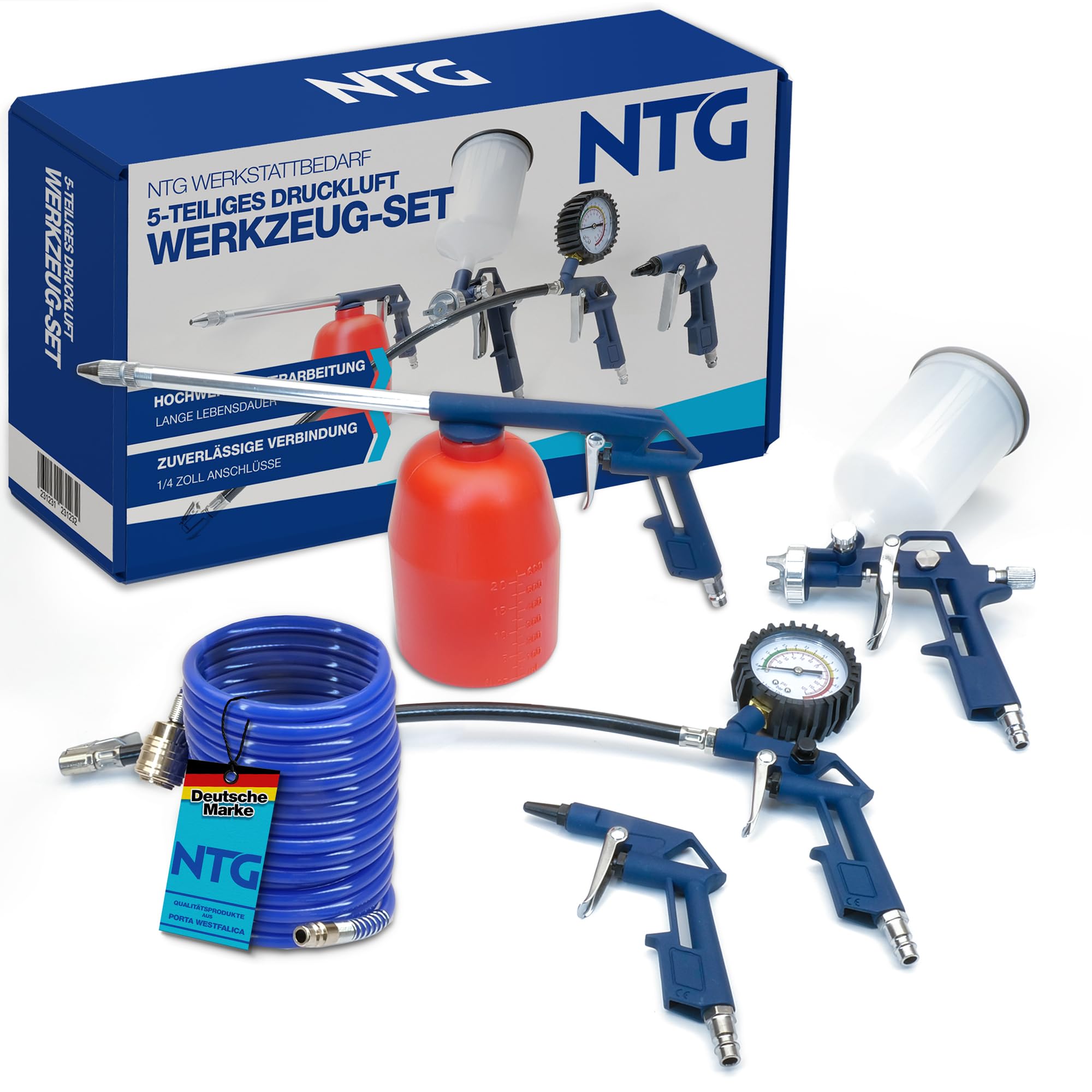 NTG Druckluft Werkzeug Zubehör Set 5 tlg. Kompressor | Spiralschlauch | Reifendruckpistole m. Manometer | Ausblaspistole | Farbspritzpistole m. Fließbecher | Reinigungspistole m. Stahlbehälter