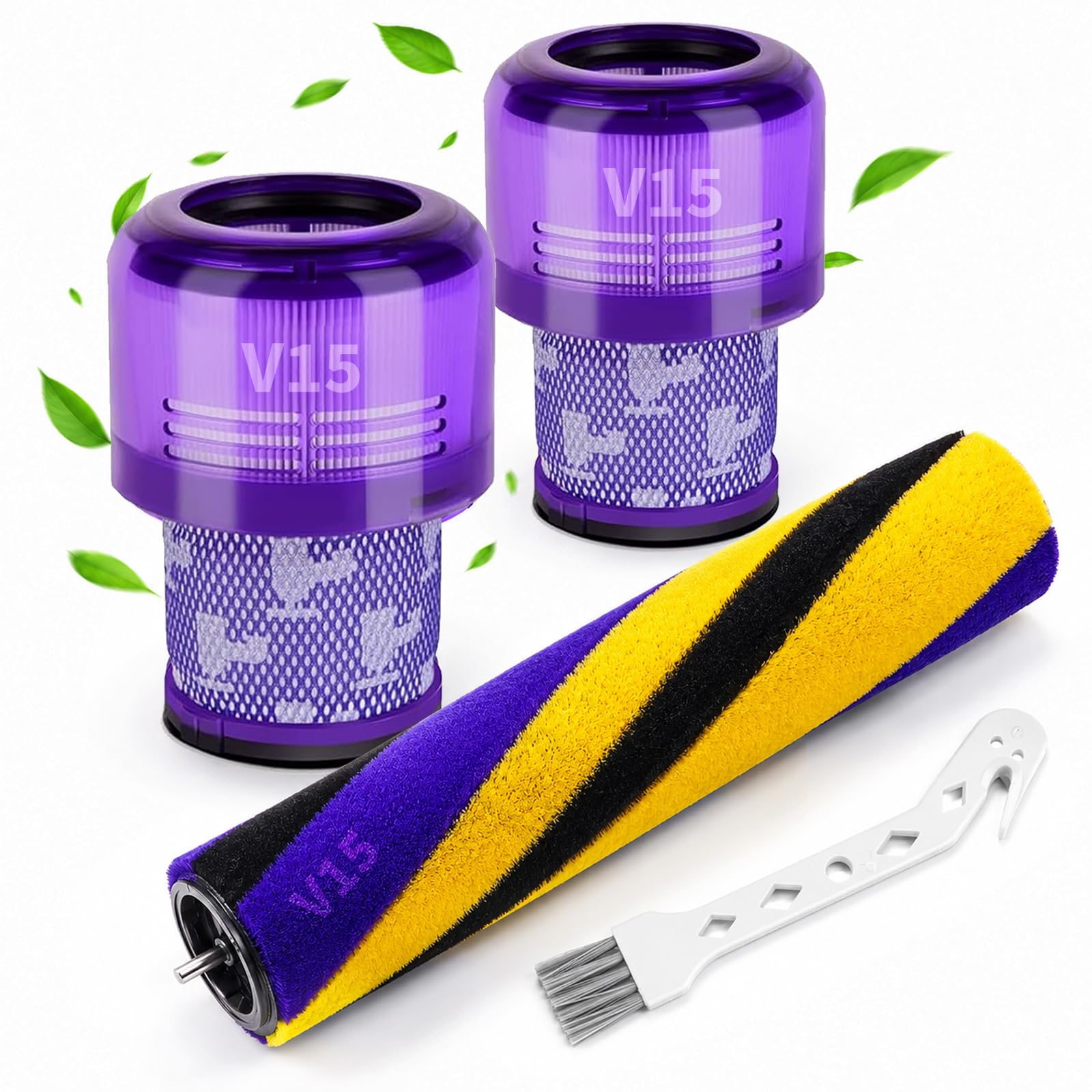 Spazzola a Rullo di Ricambio e 2 Filtri per Dyson V15 Detect Slim Absolute, Bocchetta per Pavimenti con Rullo Morbido e Kit Filtri HEPA, Ricambi Accessori V15, Sostituisce #971634-01