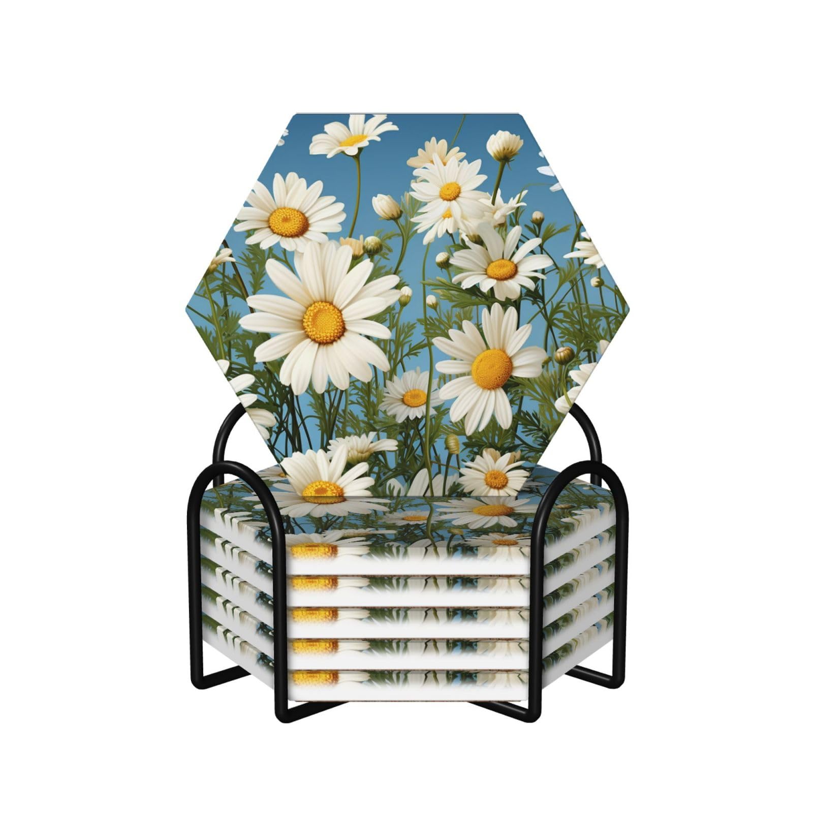 Dessous de verre hexagonaux en céramique lot de 6 avec support métal motif camomille 10cm