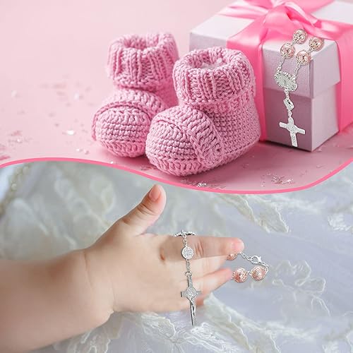 Miniatura 6 de Tudomro Rosario de cristal rosa, 24 piezas de rosario de bautismo, rosarios de dedo, perlas de imitación para bautismo, bautizo, comunión, recuerdos