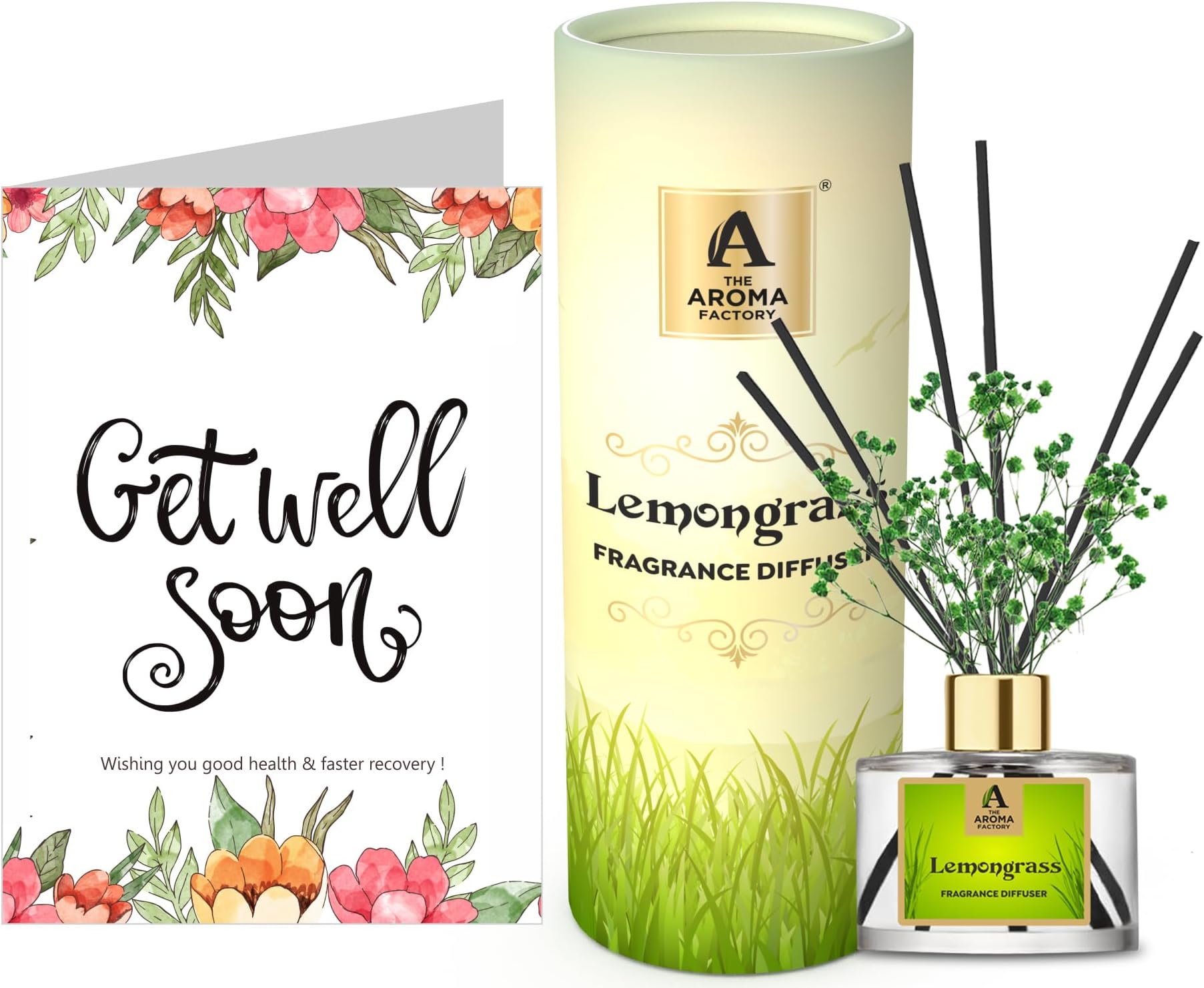 The Aroma FactoryGet Well Soon Gift with Card, Lemongrass Fragrance Reed Diffuser Set (1 Box &1 Card)