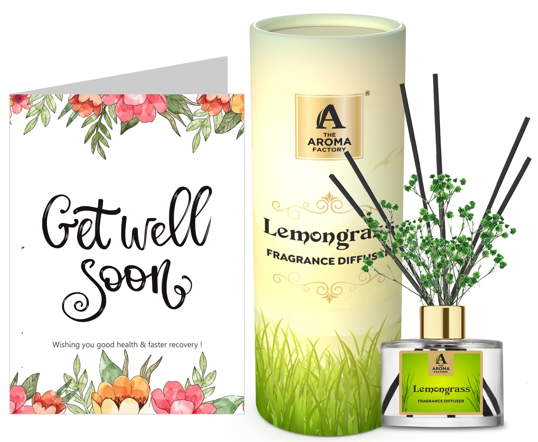 The Aroma FactoryGet Well Soon Gift with Card, Lemongrass Fragrance Reed Diffuser Set (1 Box &1 Card)