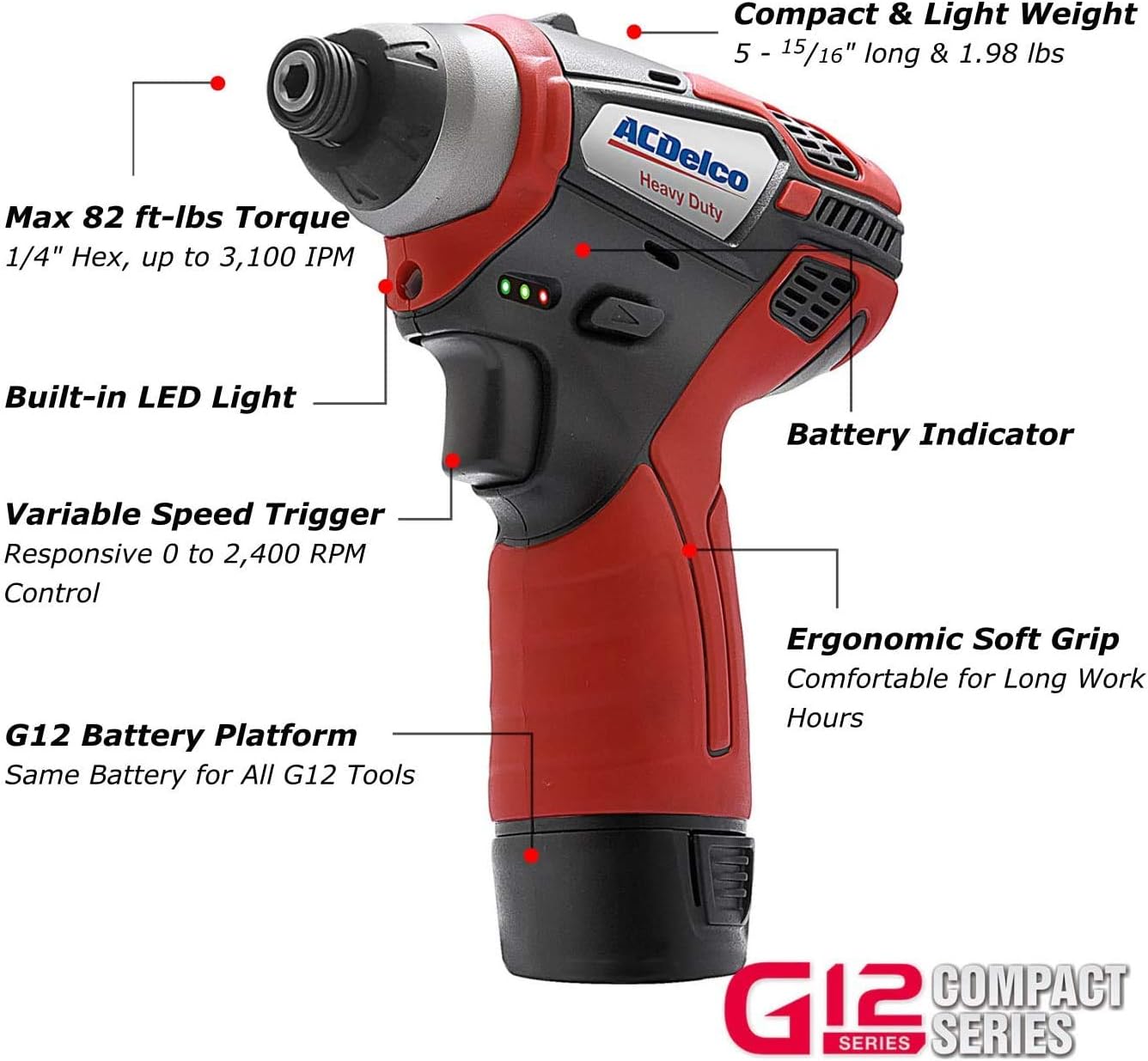 Exclusive Discount 70% Price ACDelco ARW1208-K10 G12 Series 12V Cordless Li-ion 1/4” Impact Driver, 3/8” Ratchet Wrench & 2-Speed Drill Driver Combo Tool Kit with 2 Batteries