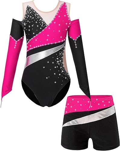 Miniatura 3 de Kids Girls Metallic Sequin Gymnastic Leotard Long Sleeve Bodysuit with Shorts Outfits Unitard Ballet Dancewear