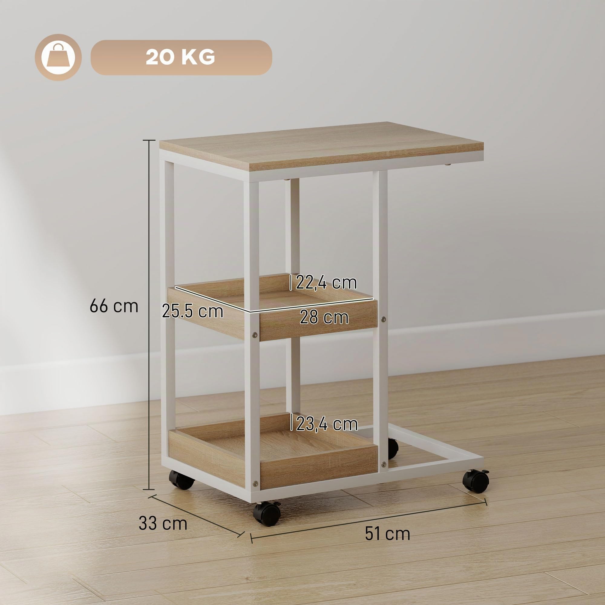 HOMCOM Mesa Auxiliar con Ruedas 2 Estantes, 51x33x66 cm, Natural y Blanco | Mesa Auxiliar para Sofá en Forma de C, Estantes Abiertos, Marco de Acero, para Salón, Dormitorio