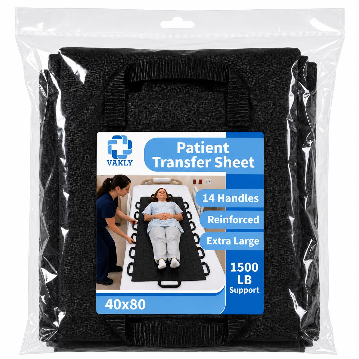 Hoja de transferencia de pacientes con 14 asas de 40 x 80 pulgadas + guía de prevención de caídas VAKLY