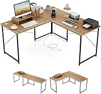 Vista 11 de Tangkula Escritorio para computadora en forma de L con tomas de corriente, escritorio para 2 personas de 95 pulgadas de largo con estante