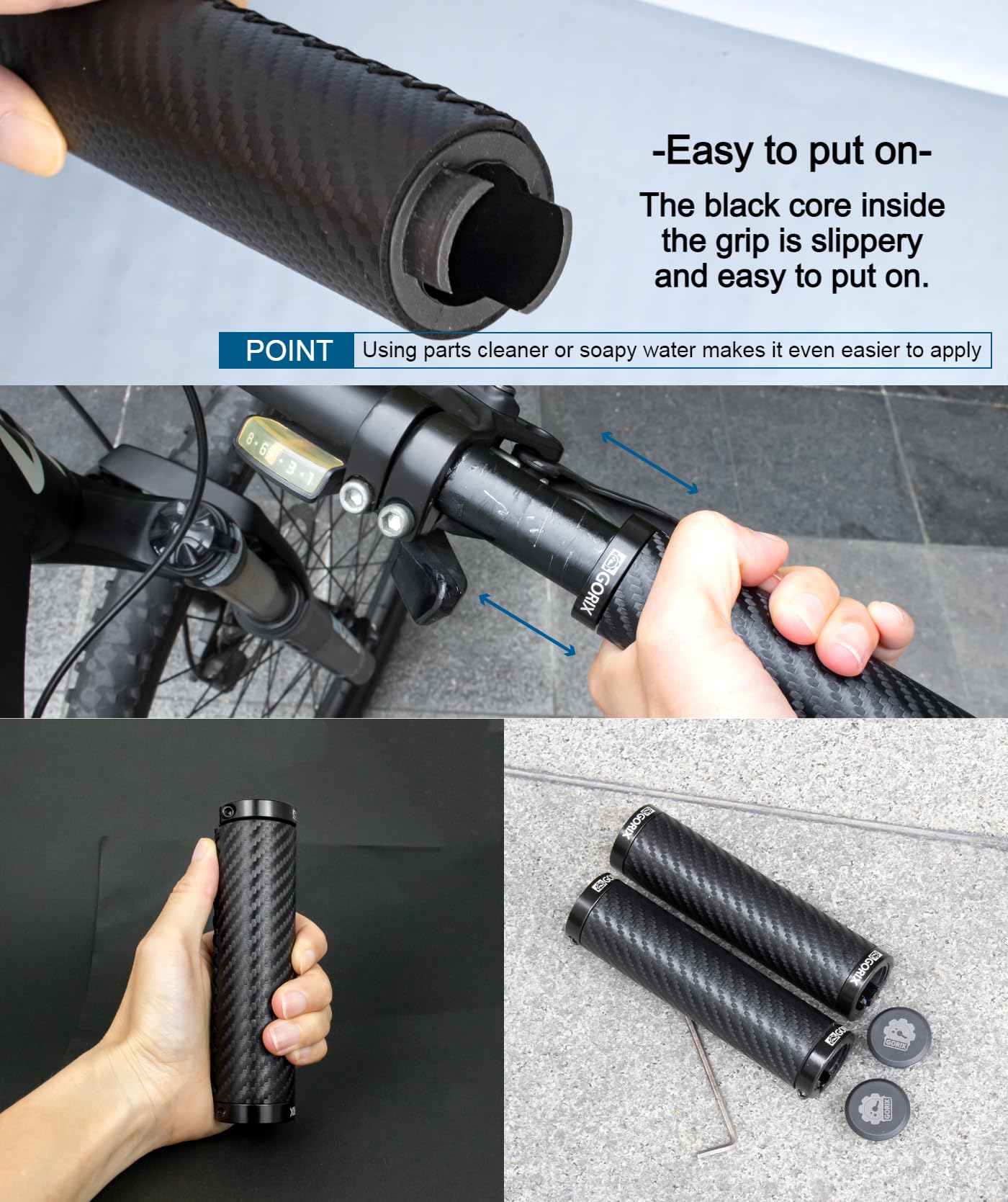 GORIX Poignées De Guidon Vélo Carbone – Cuir PU, Double Verrouillage, Absorption Des Chocs, Compatible 22,2 Mm, Pour VTT, Cross Et Minivélo
