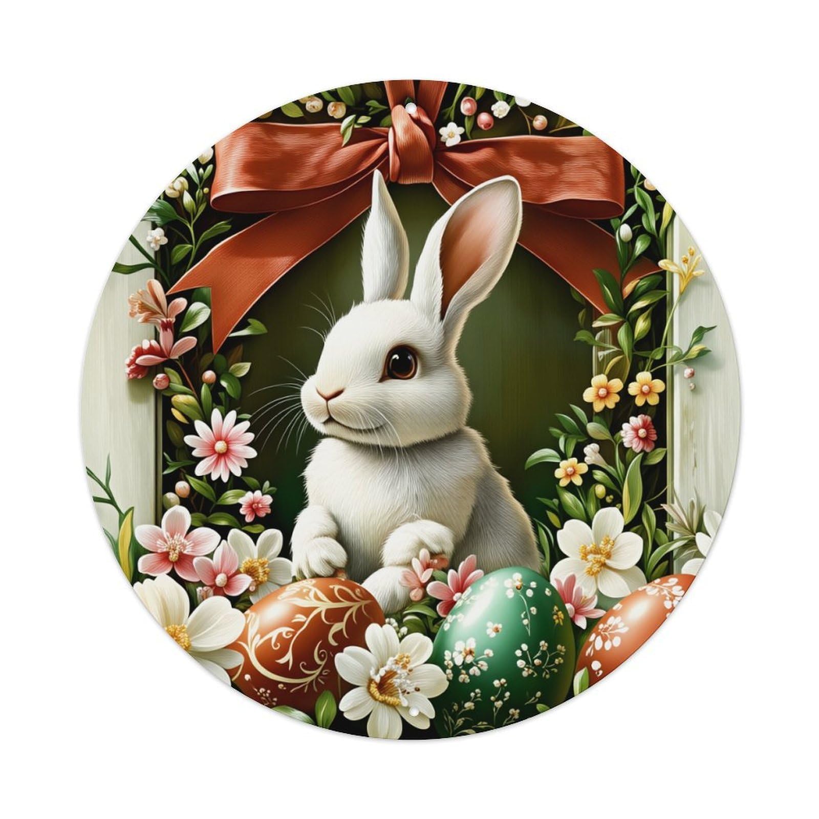 Easter Bunny Floral Eggs Ribbon Round Tin Sign Vintage Metal Poster, Home Bar Garage Man Cave Cafe Indoor & Outdoor Wall Decoration 8x8Inches