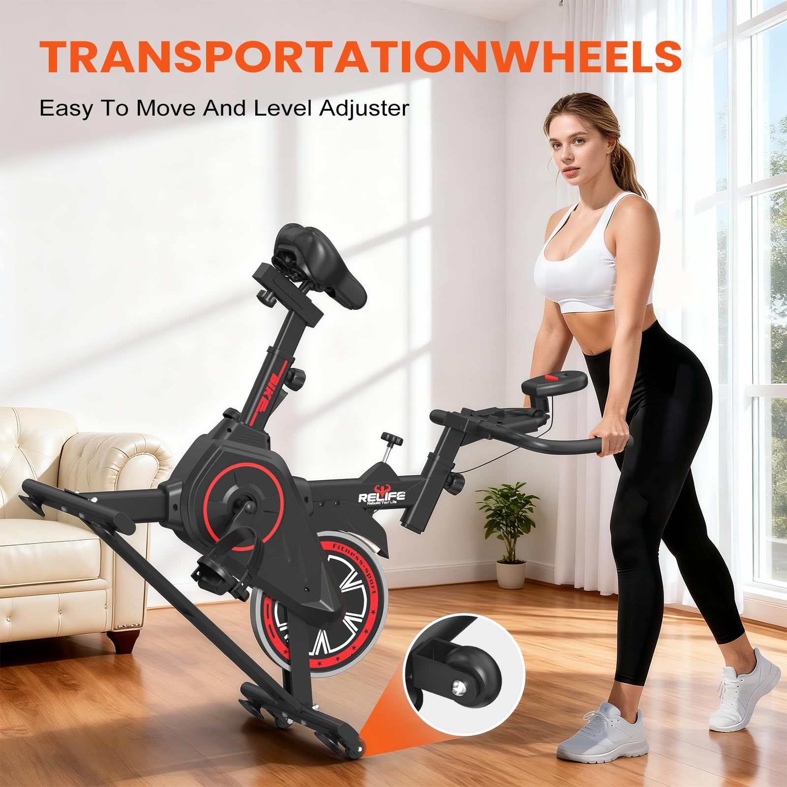 RELIFE REBUILD YOUR LIFE Exercise Bike Stationary for Home Indoor,Cycling Bike with Silent Belt Drive for Home Cardio,Brake Pad Resistance with djustable & Comfort Seat/PAD Holder/LCD Monitor.