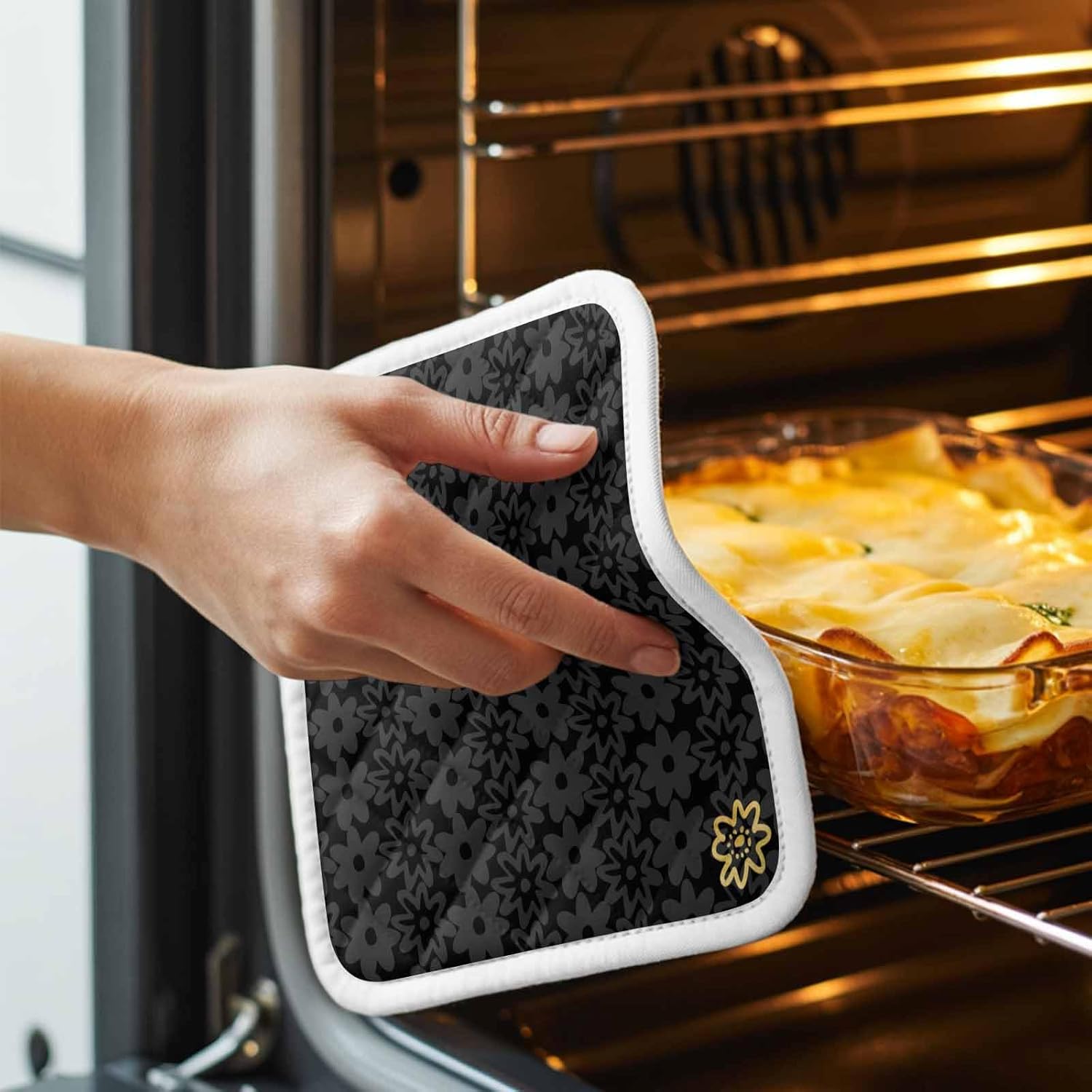 Black Golden Floral Pot Holders for Kitchen Heatproof Potholder, 5 Pack Modern Abstract Art Spring Flowers Hot Pads Multipurpose Oven Pads Cloth Potholders Trivet for Cooking Baking