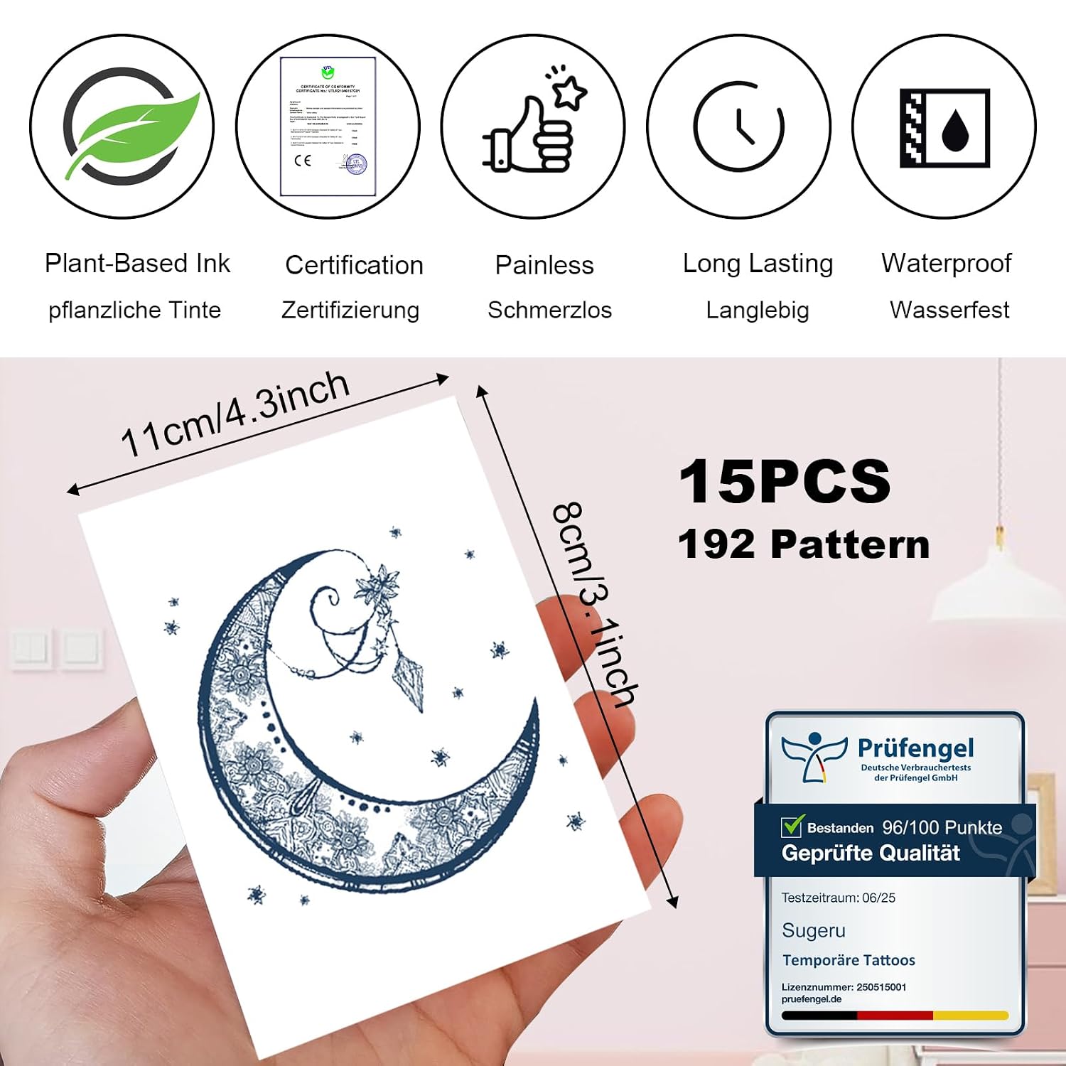 Sugeru 15 Sheets Super Sustainable Temporary Tattoo, 2 Weeks Original Waterproof + Vegan + New Tech + Long Lasting | Fake Tattoo Stickers | Tattoos Adult Children, Natural Non-Toxic Ingredients Solid