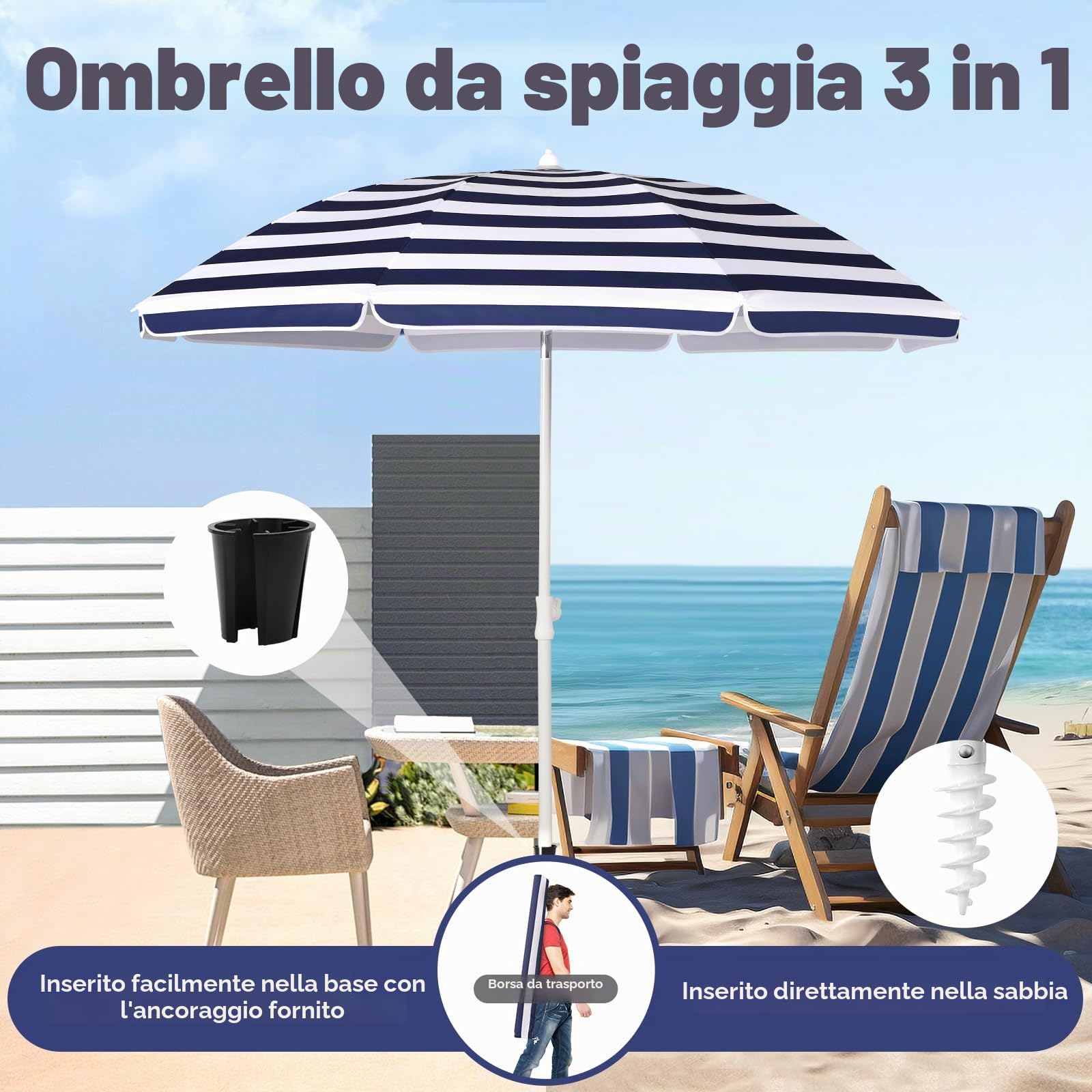 Sekey Ombrellone da spiaggia con picchetto, copertura per ombrellone e gancio, ombrellone stabile con otto balene, per balcone, giardino, terrazza, angolo di inclinazione e altezza regolabili