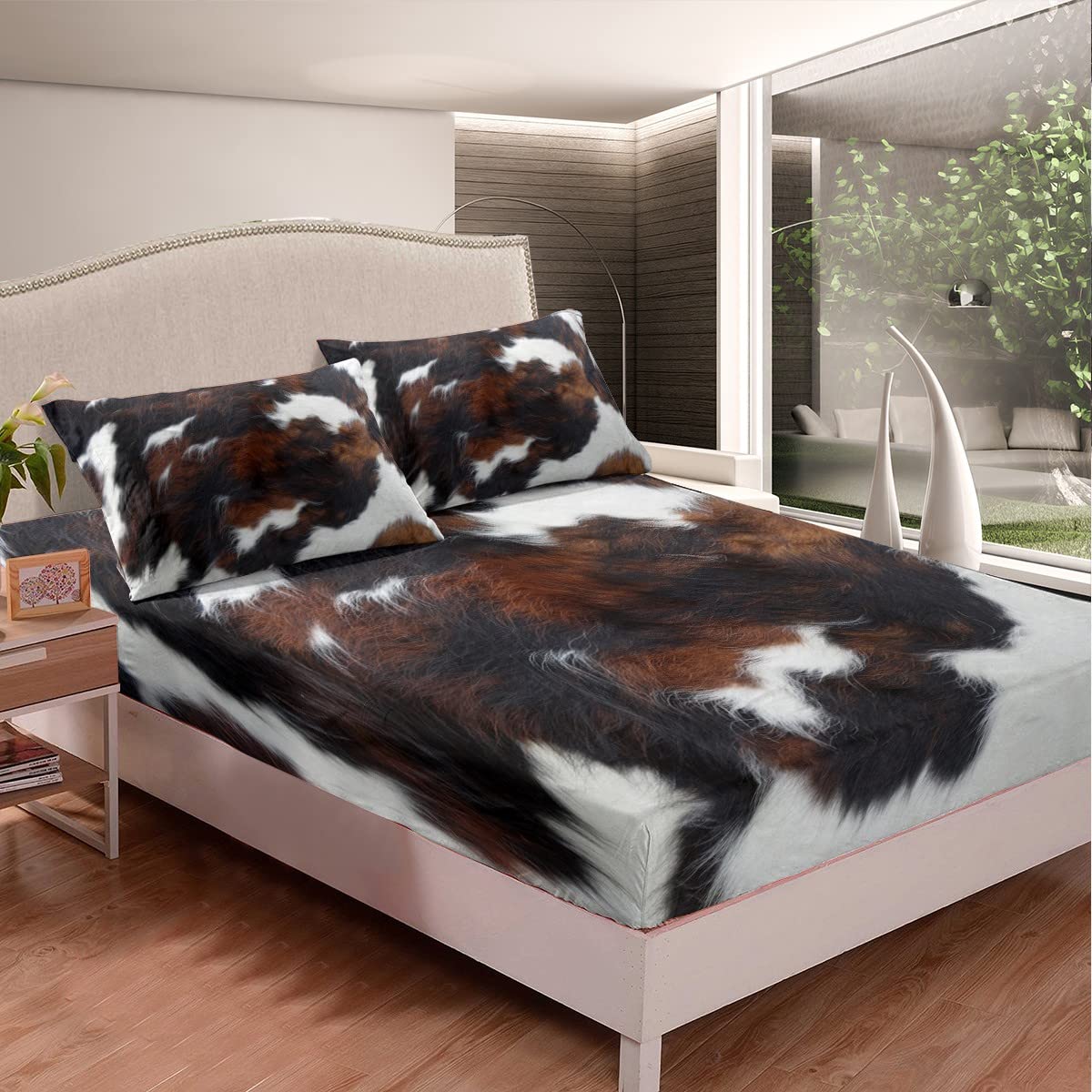 Juego de sábanas con estampado de piel de vaca para niños, color marrón y blanco, con bolsillo profundo, sábana bajera ajustable, juego de sábanas de animales de granja, juego de ropa de cama